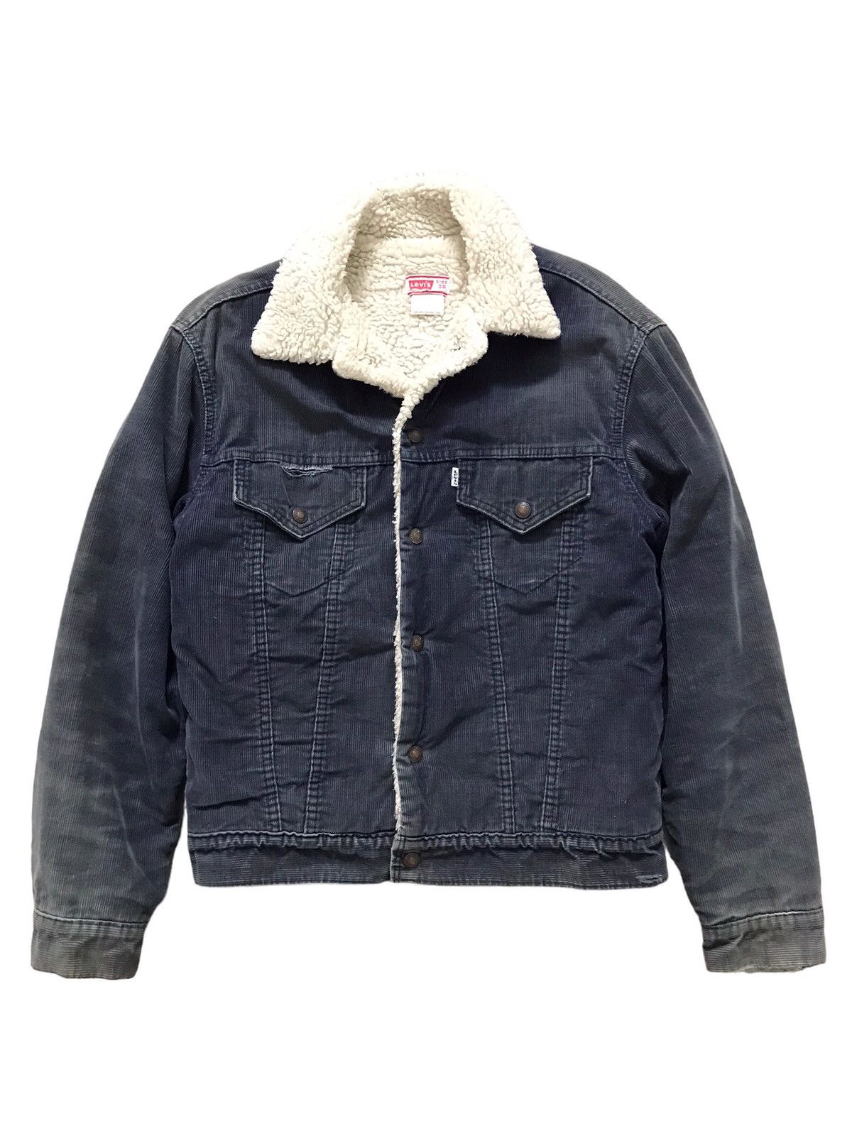 image of Levis Vintage Clothing VTG Levis Type 3 Corduroy Sherpa Truckers Distressed Jacket in Grey (Size Me