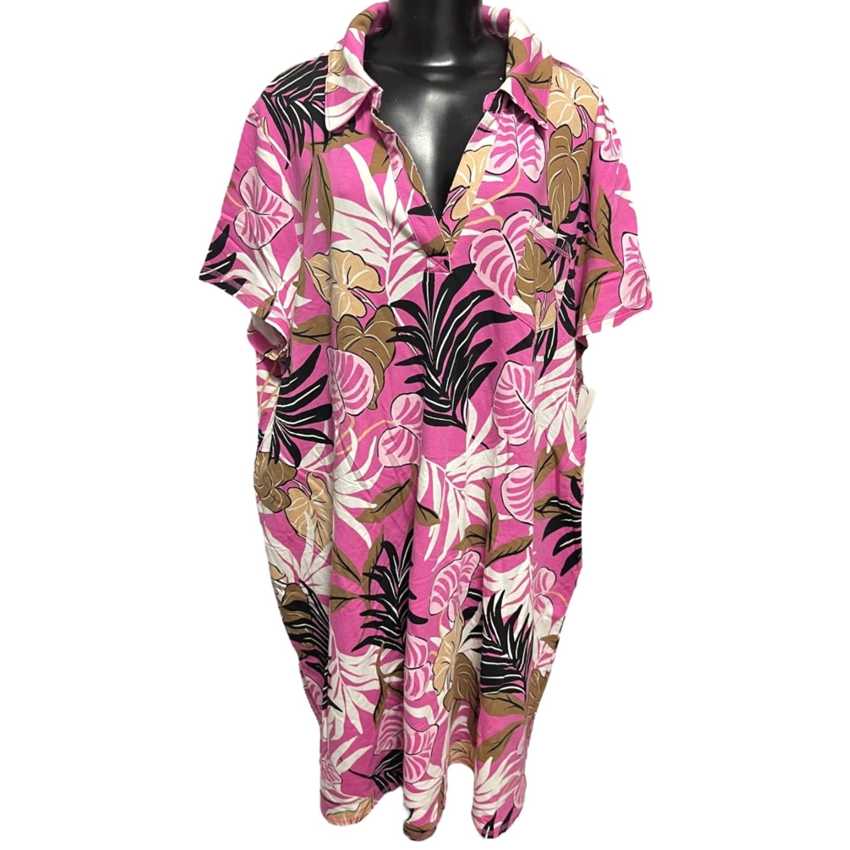Talbots VINTAGE 3X T by Talbots New Tshirt Dress Tropical Breezy Palm Print Soft Collared Shirt Men 3X Pink Short Sleeve Tall Size 48R - 2 Thumbnail