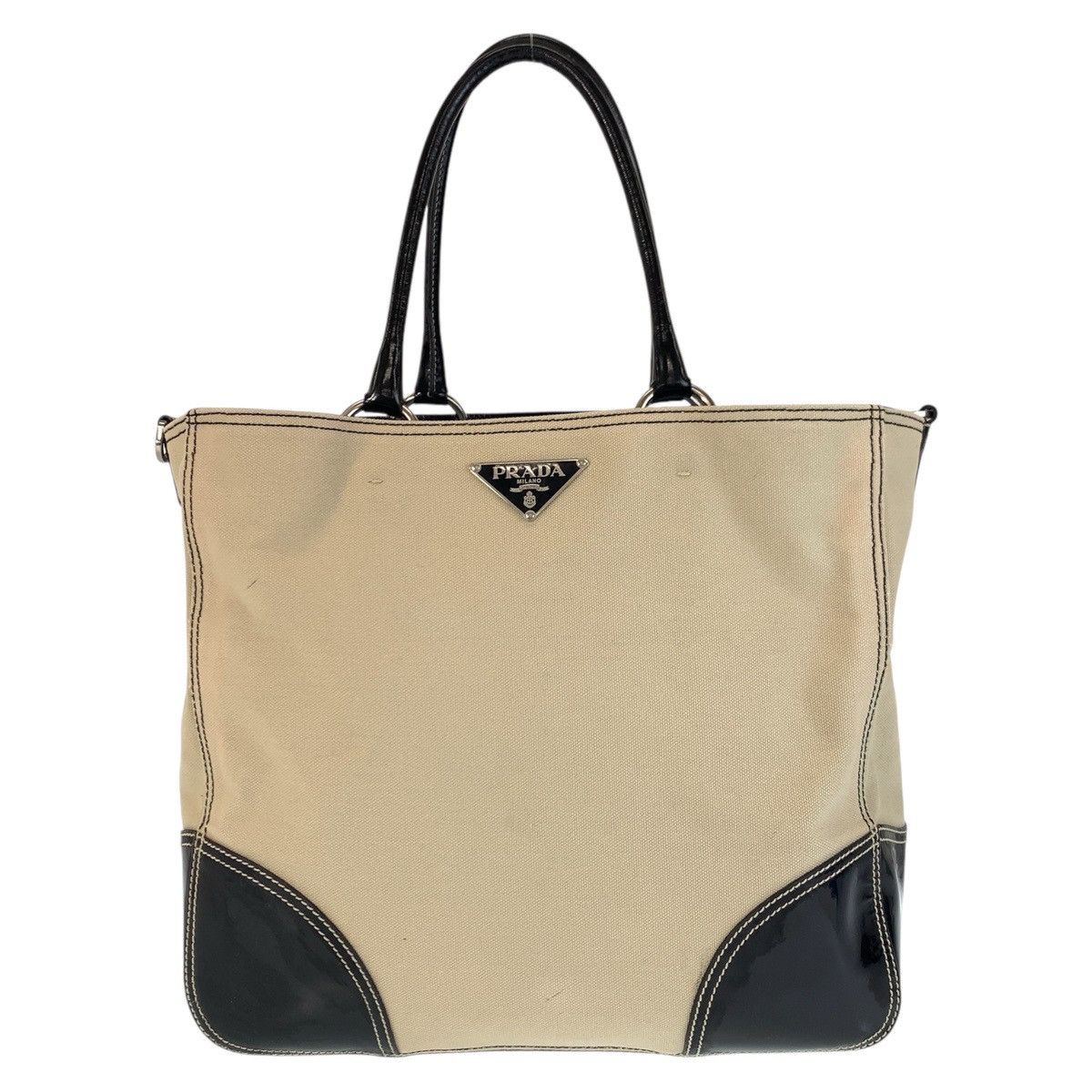 Prada Prada Triangle Logo Plate Canvas/enamel 2Way Bag Canvas Shoulder Bag in Beige, Women's