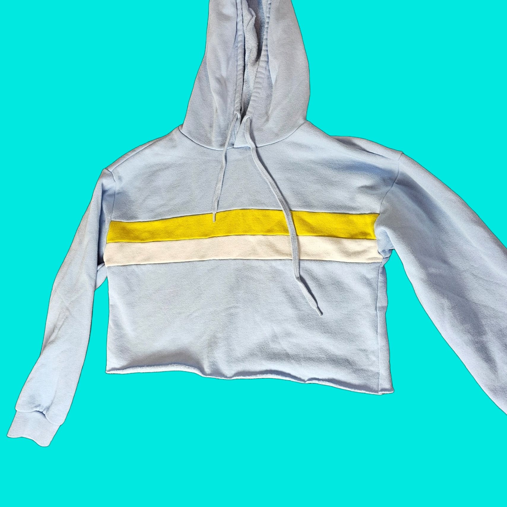 Forever 21 FOREVER 21 Cotton Blend Knit Pullover Hoodie Sweatshirt S Women Blue Yellow Stripe Casual Fall Winter Knit Style Waffle-Knit Size S / US 4 / IT 40 - 1 Thumbnail