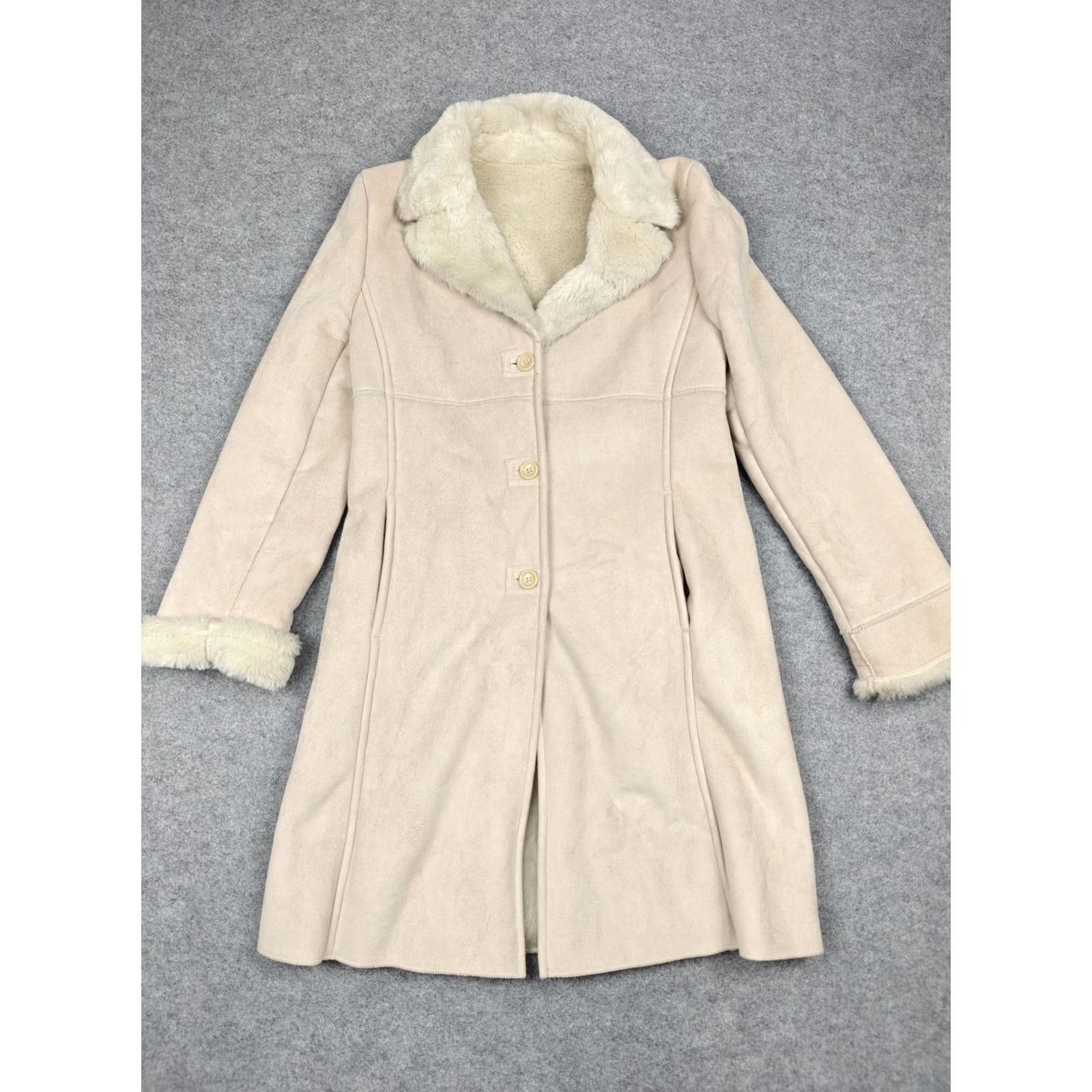 Vintage Larry Levine Coat Womens Medium Beige Faux Shearling Button Front Fur Lined Size M / US 6-8 / IT 42-44 - 2 Thumbnail