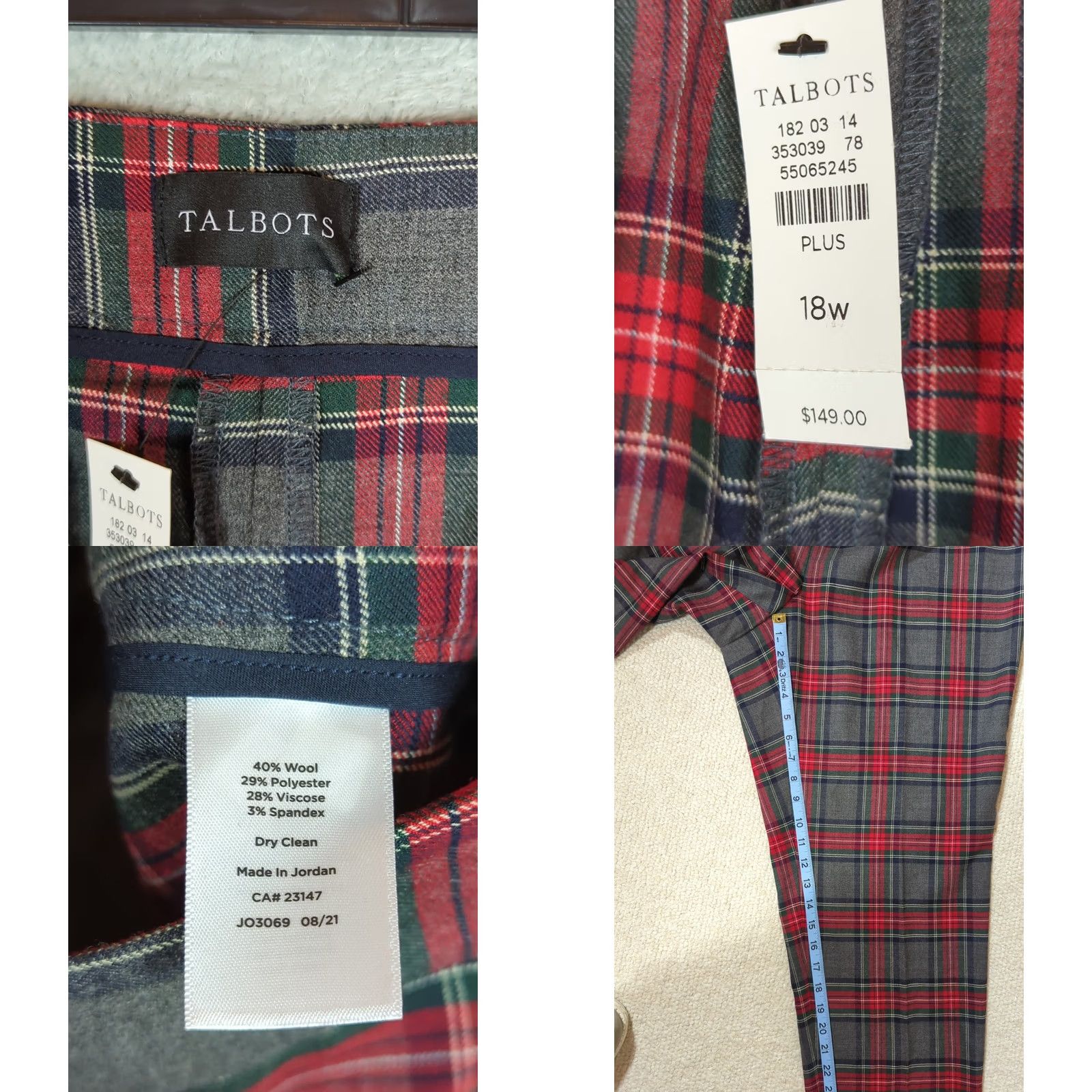 Talbots Talbots Womens Plus Size 18W Gray Red Tartan Plaid Slim Ankle Pants Wool Blend Size 40" / US 18 - 8 Thumbnail