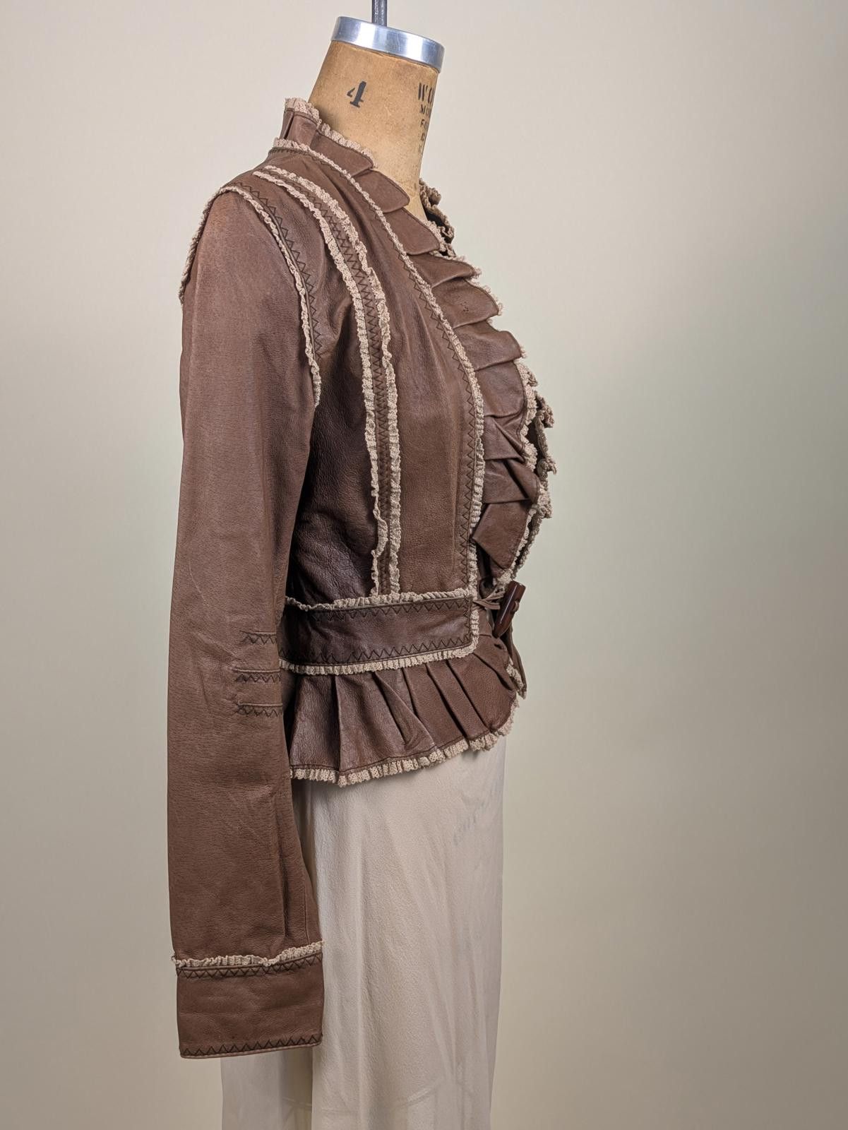 Other 2000's / Y2K brown lace ruffled leather jacket Size S / US 4 / IT 40 - 4 Thumbnail