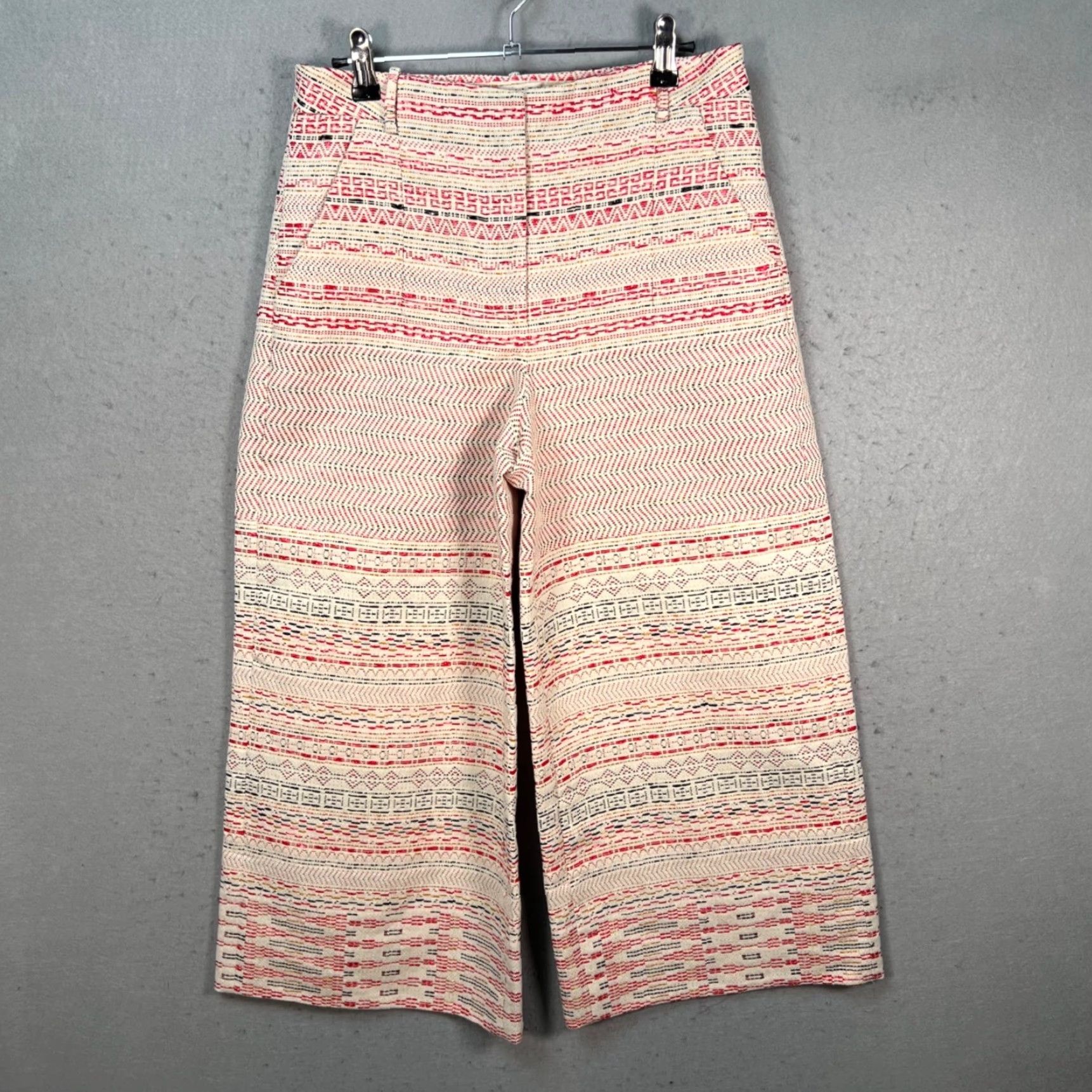 Vintage Miahatami Womens 42 Red & White Woven High-Waist Culottes Cotton Blend Pants Wide-Leg Cropped Adult Women Size 42 Summer Spring Mens Womens Girls Size 28" / US 6 / IT 42 - 2 Thumbnail