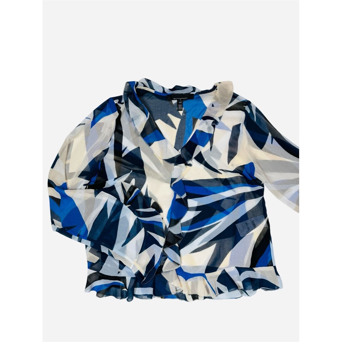 White House Black Market White House Black Market Sheer Abstract Blue and White Ruff Size XS / US 0-2 / IT 36-38 - 2 Thumbnail