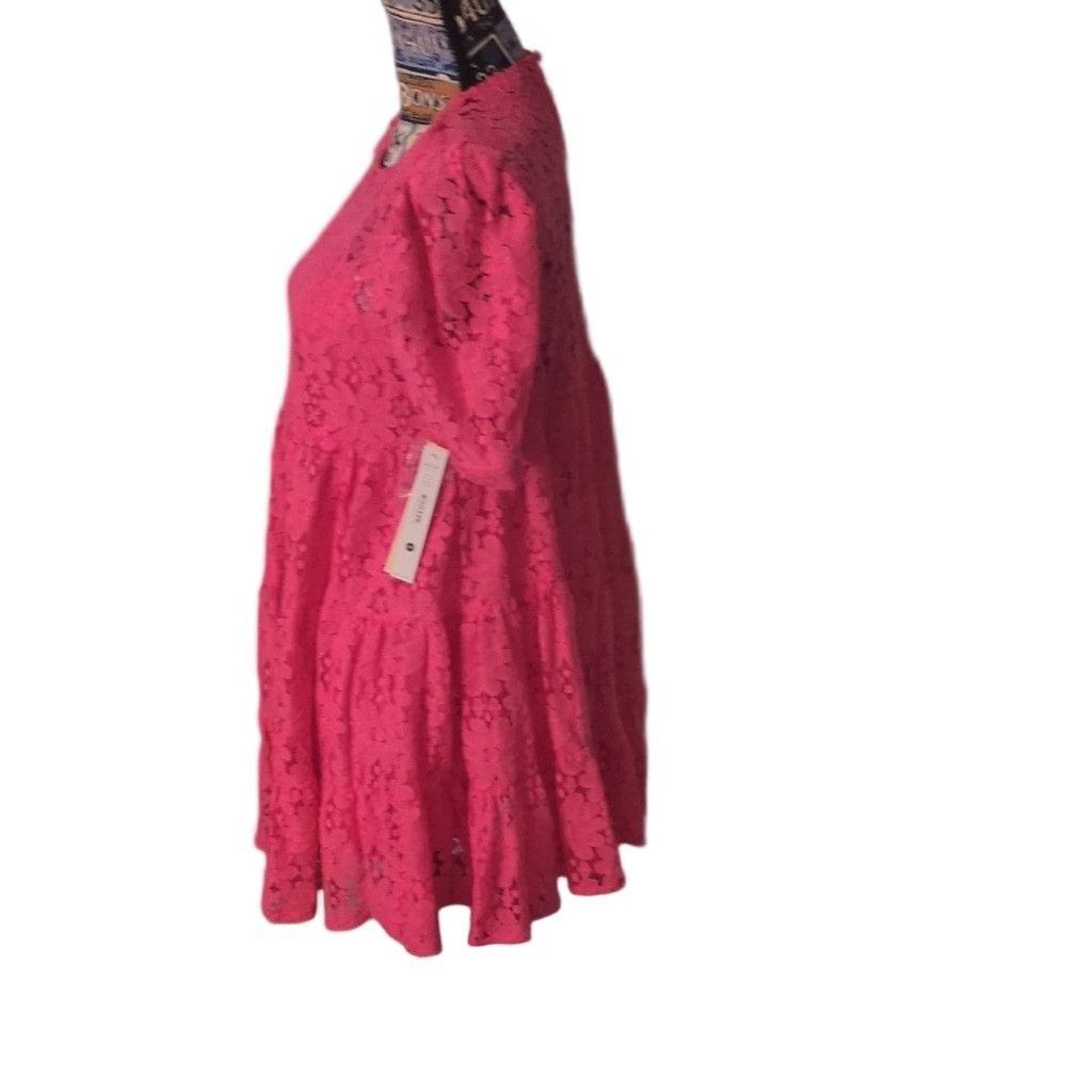 AQUA Aqua Hot Pink Short Sleeve Floral Lace Tiered Mini Dress XS Size XS / US 0-2 / IT 36-38 - 7 Thumbnail