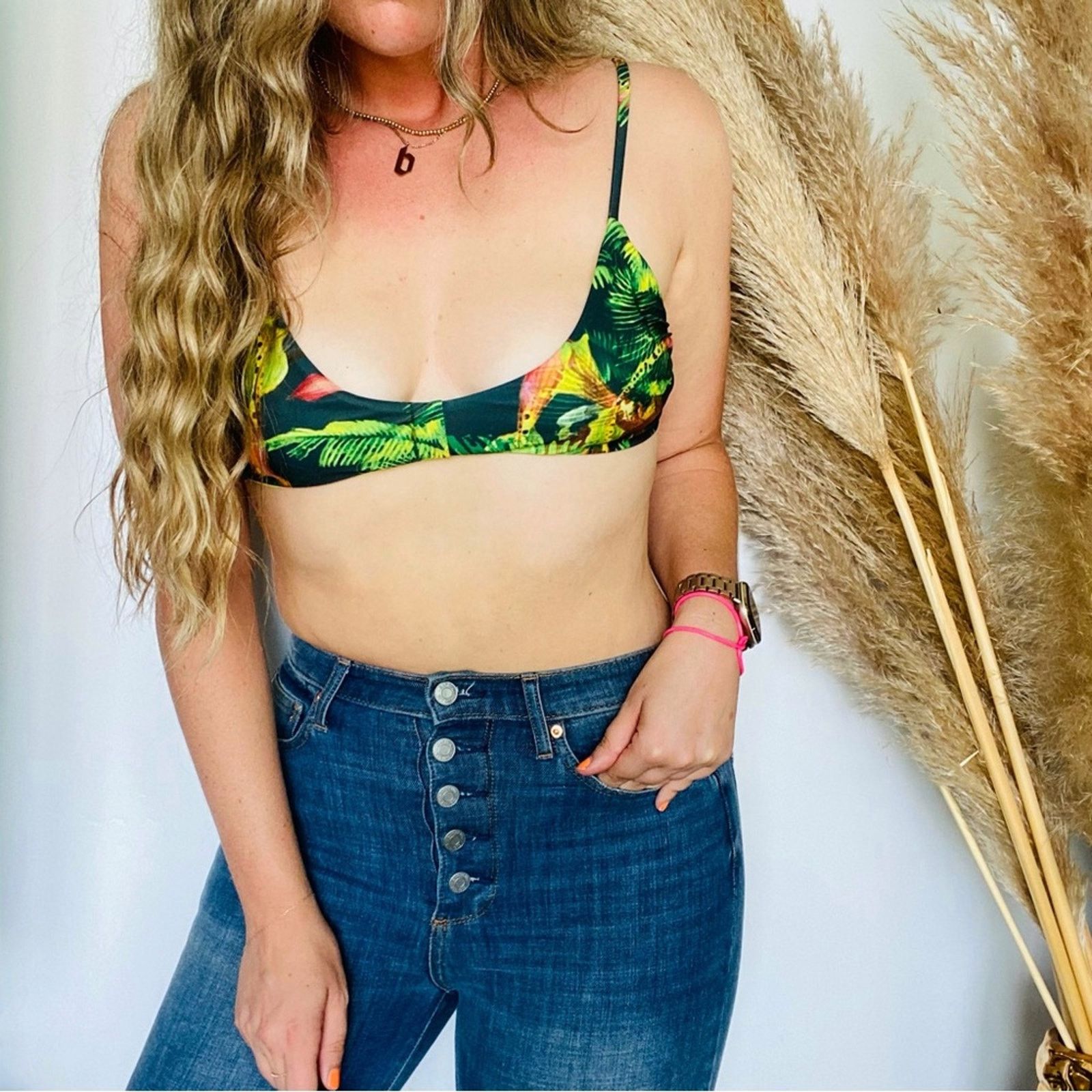 Beach Riot BEACH RIOT Green Blue Black Tropical Print Bikini Swim Top Size L / US 10 / IT 46 - 10 Thumbnail