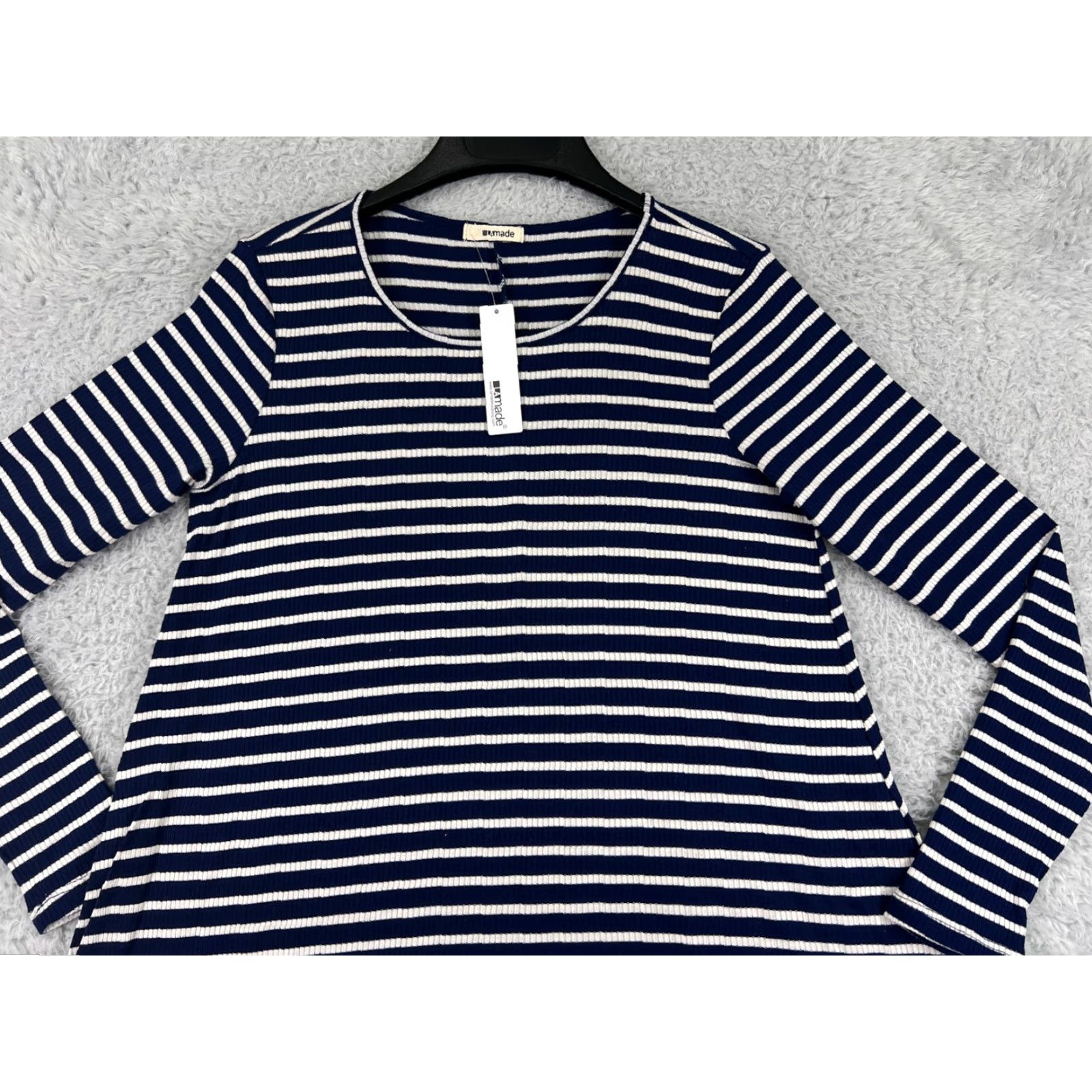 Vintage LA made Dress Womens M Blue White Striped Long Sleeve Round Neck Pullover Knit Polyester Mini Vintage No Size M / US 6-8 / IT 42-44 - 5 Thumbnail