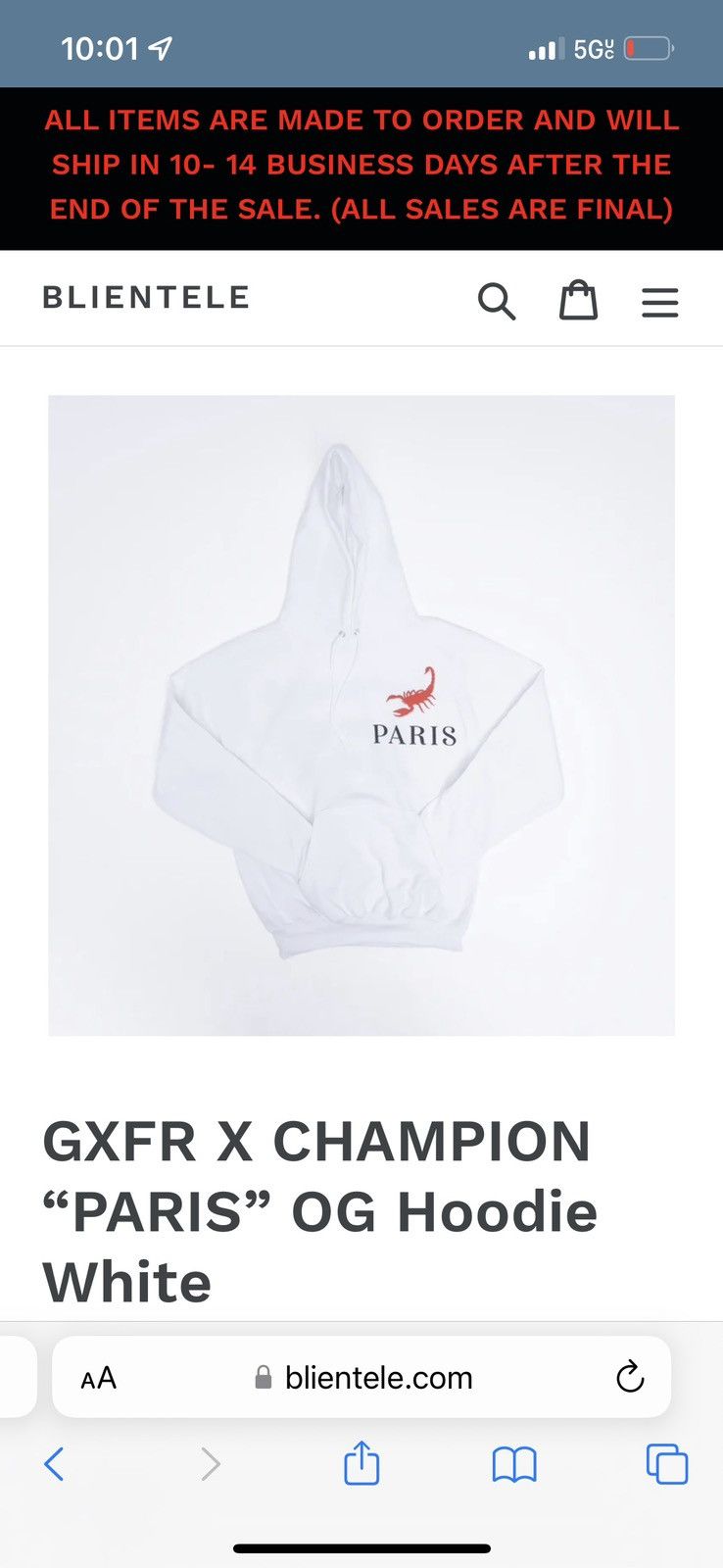 image of Gxfr Westside Gunn Champion Paris OG Hoodie White Xl, Men's