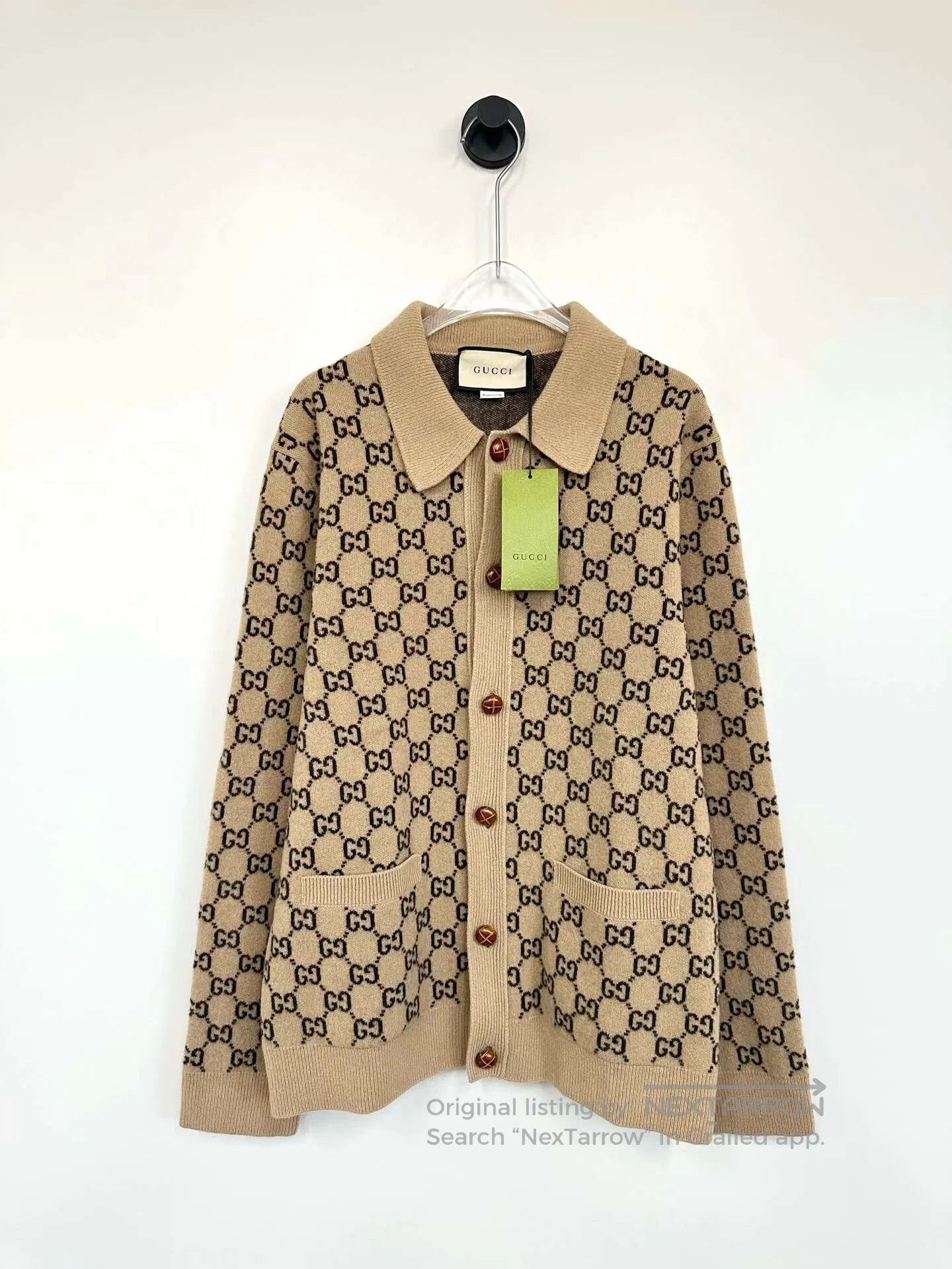 Gucci Guicci Khaki Lapel Full Print Logo Wool Knit Cardigan| Size US M / EU 48-50 / 2 - 1 Thumbnail