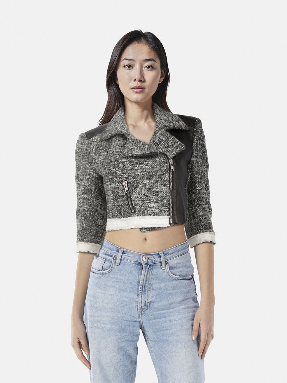 Grey & Black Asymmetric Zip Cropped Jacket