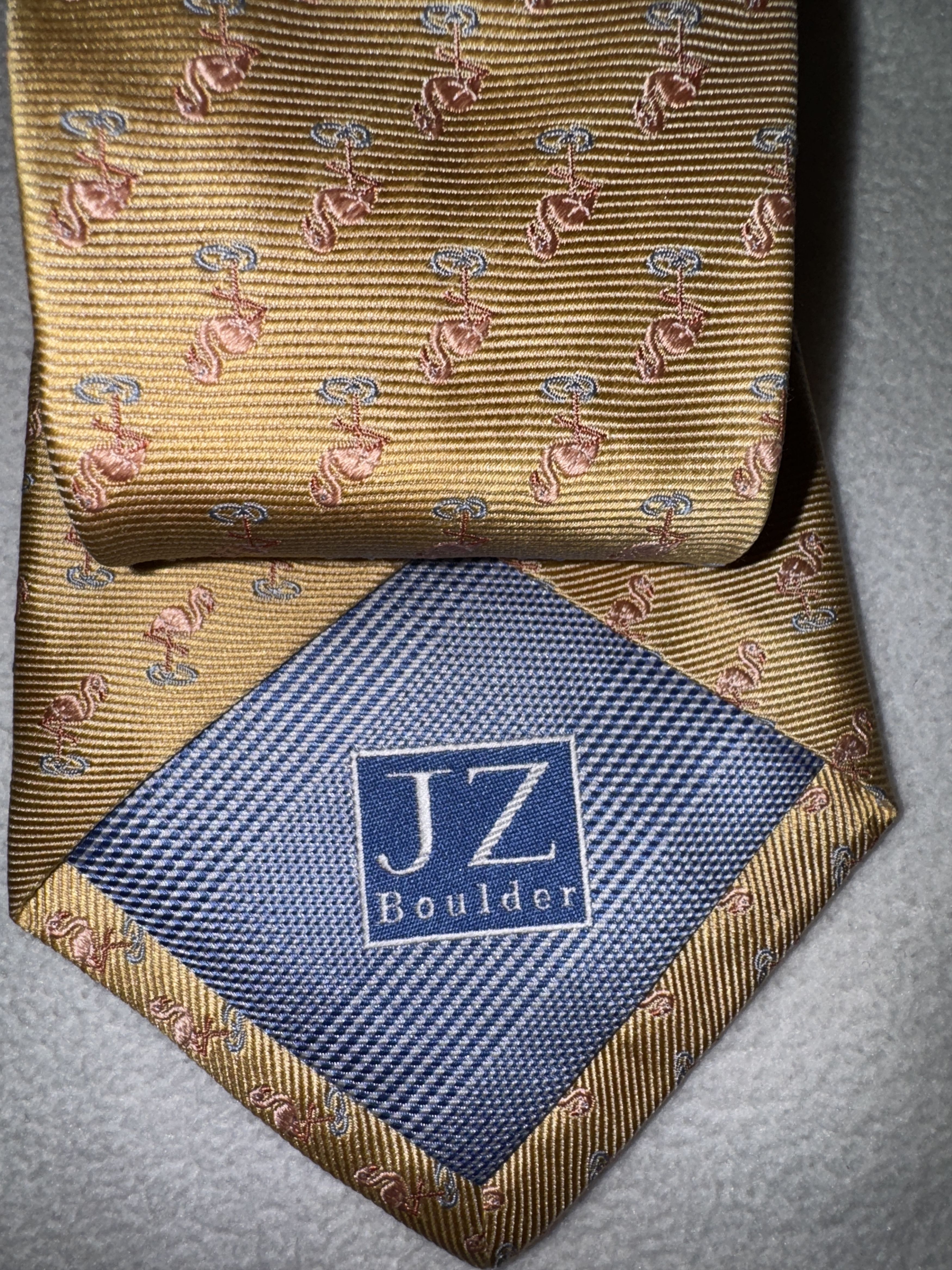 Vintage JZ Richards Boulder Silk Necktie Yellow with PINK FLAMINGOS Size ONE SIZE - 3 Thumbnail