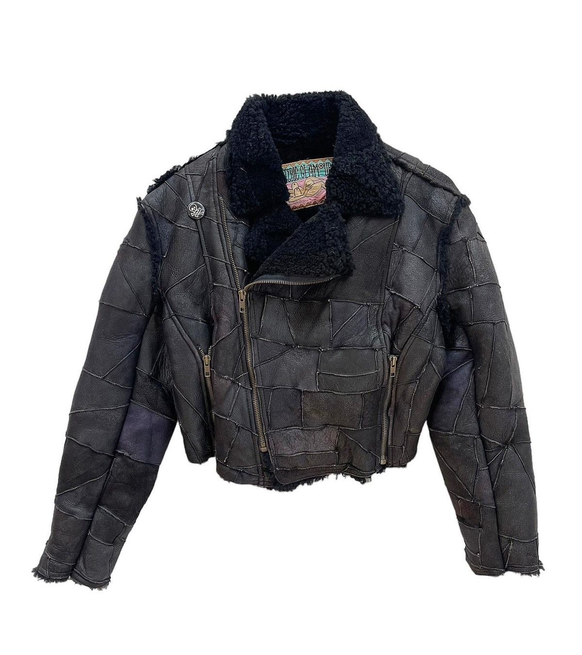 image of Hysteric Glamour 1980S Shearling Lined Cropped Leather Patchwork Jacket in Black, Women's (Size Med