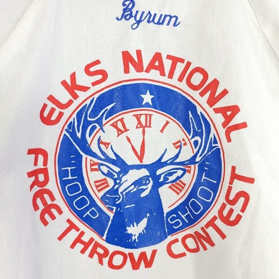 Vintage VINTAGE Elks National Hoop Shoot Bomber Jacket Mens XL 80s Made In USA Nemesis White Cotton Snap Front Sports Basketball Mens Size US XL / EU 56 / 4 - 4 Thumbnail