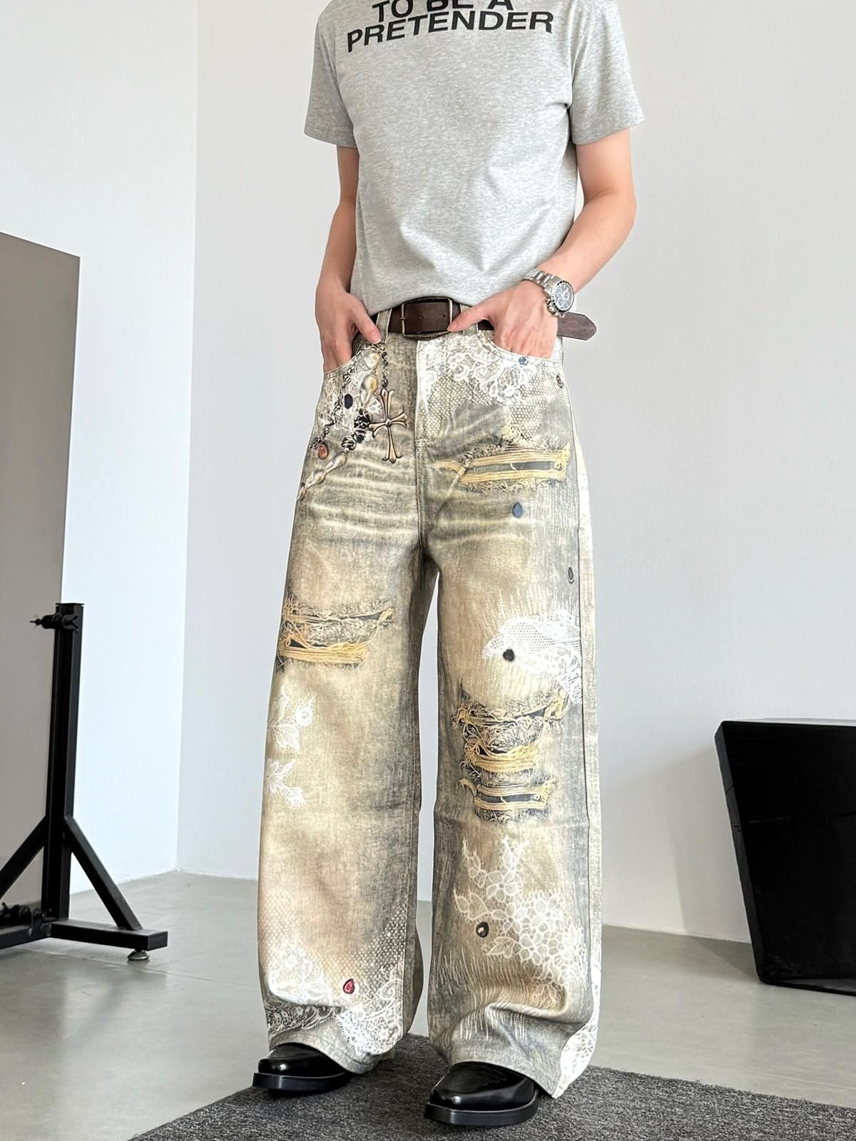 Painted Distressed Ripped Wide Leg Loose Jeans