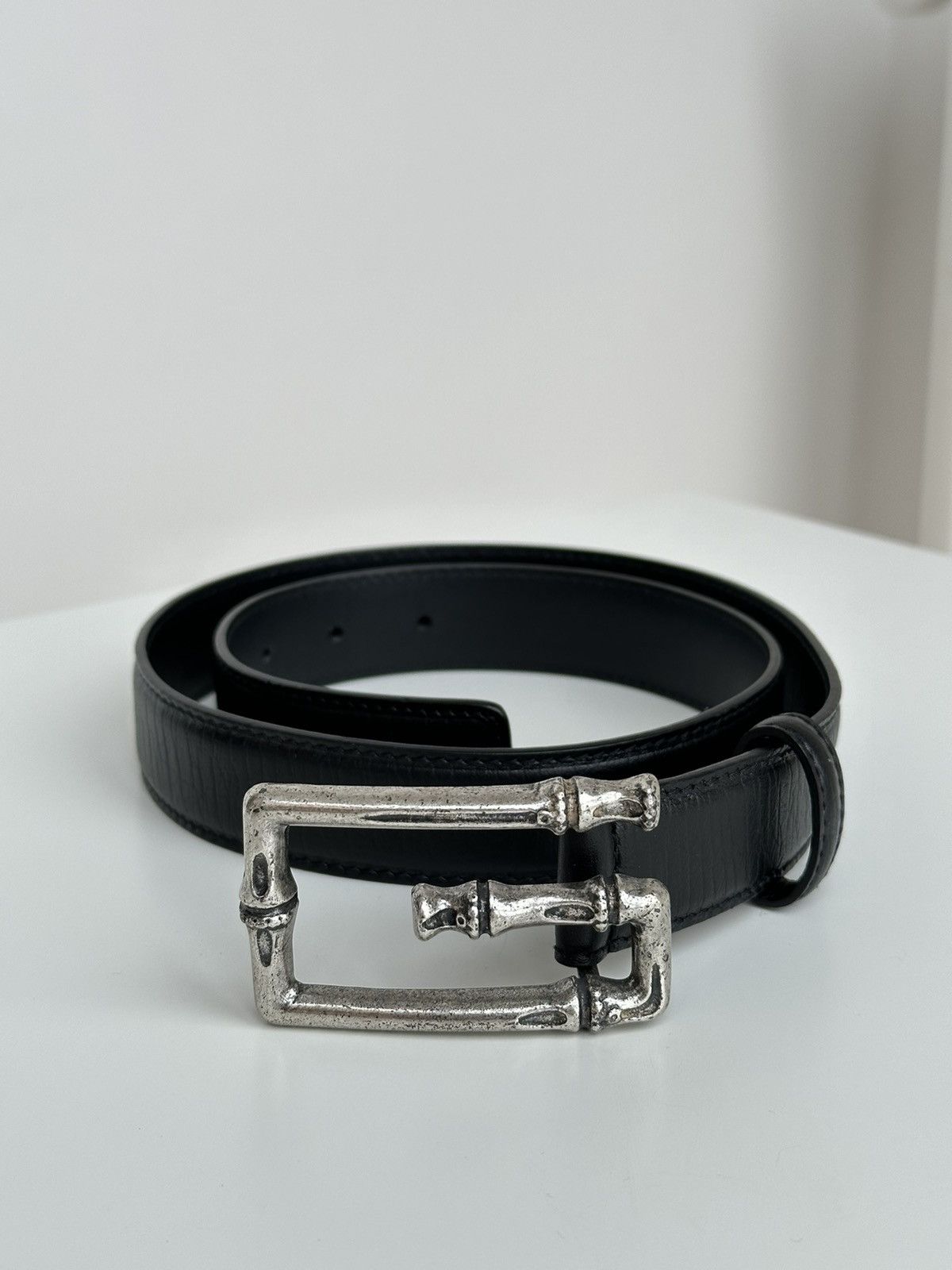 Gucci Vintage Gucci Metal Bamboo Silver Buckle Leather Belt 114637 Size 28 - 1 Thumbnail