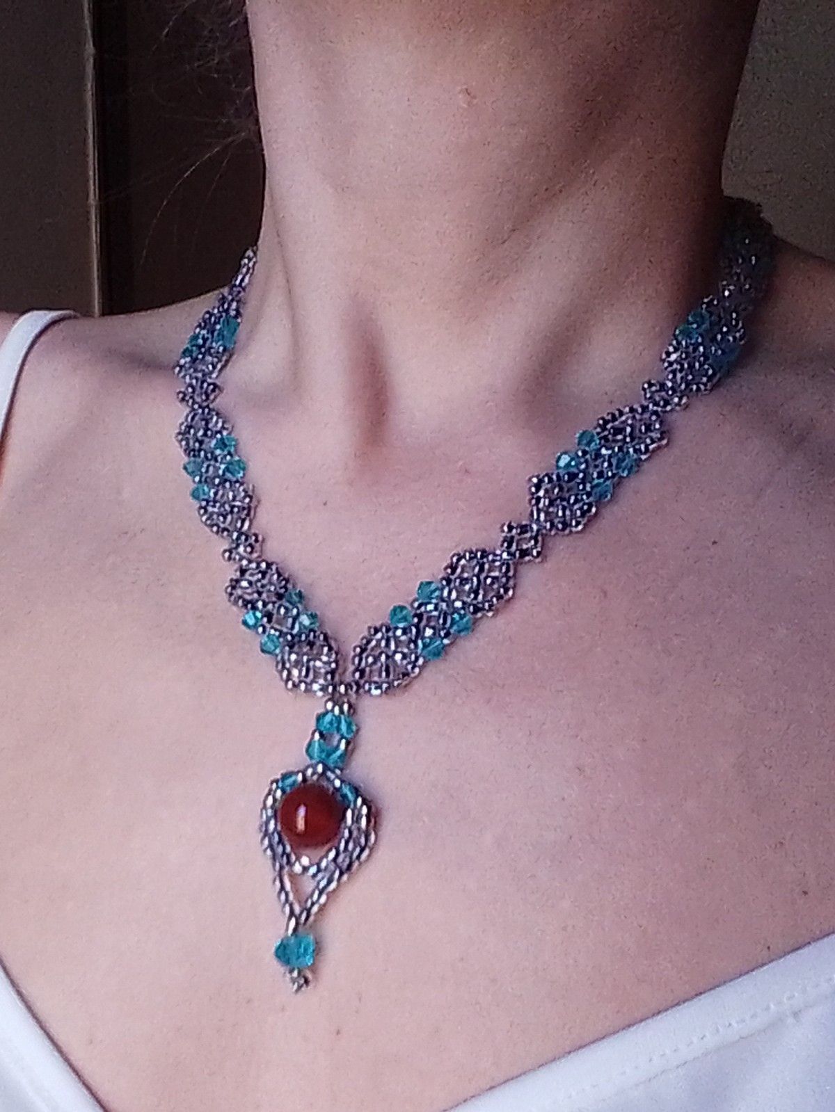 Handmade Necklace pendant red Carnelian Gemstones Blue crystal Size ONE SIZE - 4 Thumbnail