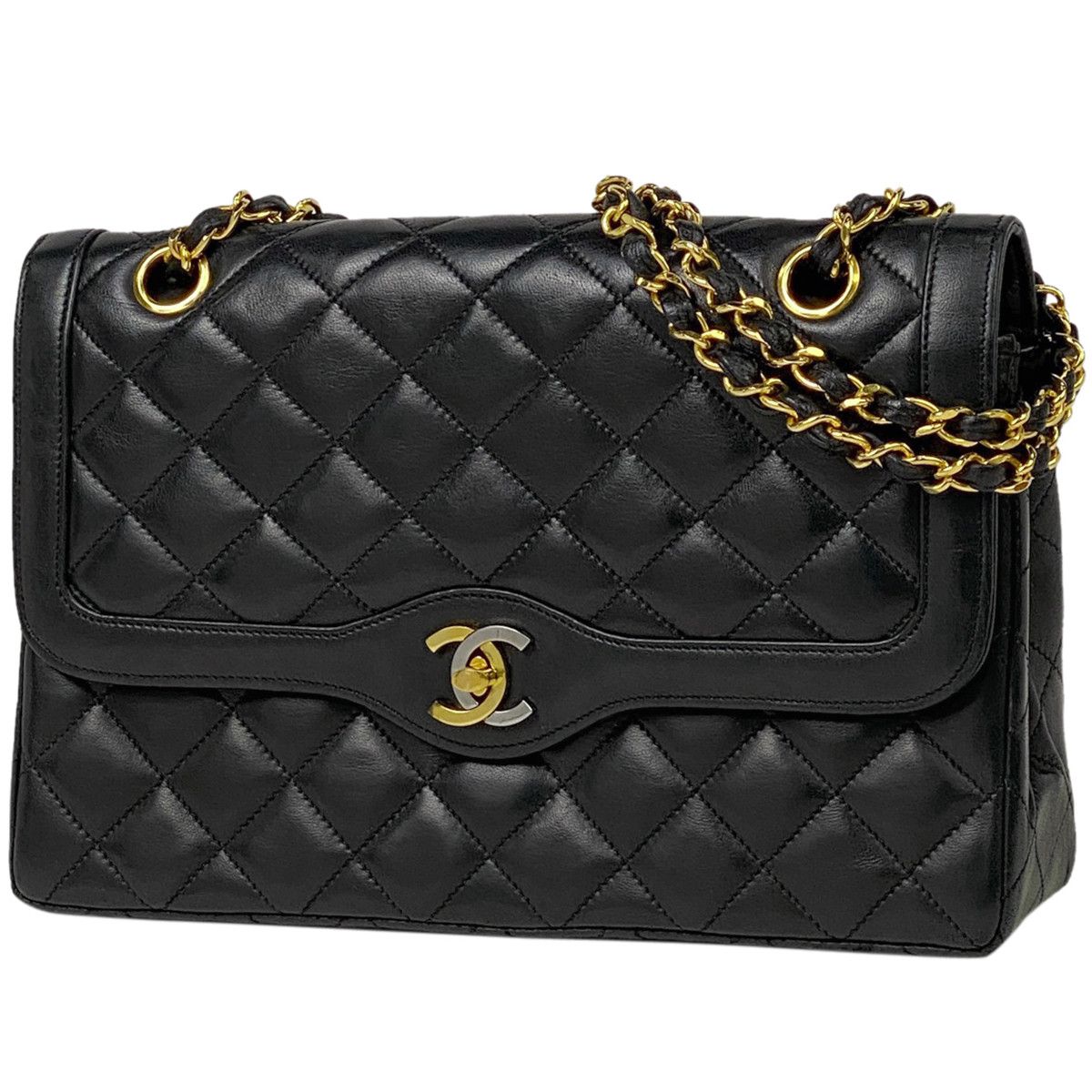 image of Chanel Paris Limited Matelasse W Flap Chain Shoulder Bag Coco Mark Leather Black, Women's