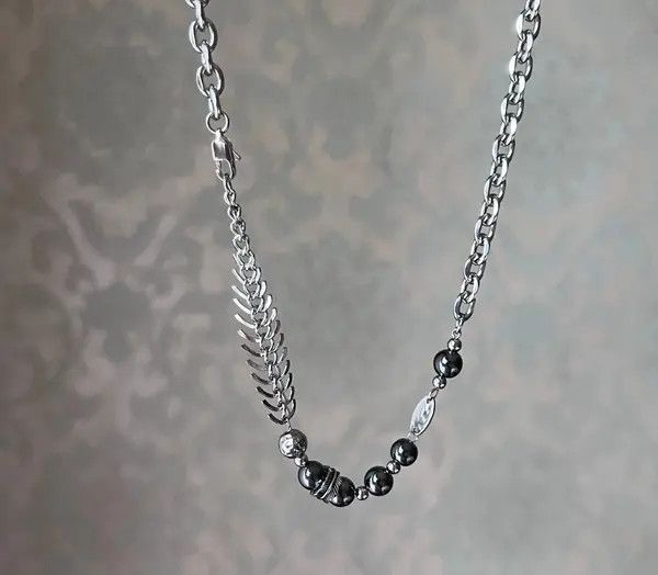 Jewelry Silver Chain Men's Necklace with Beaded and Leaf Design Size ONE SIZE - 5 Thumbnail