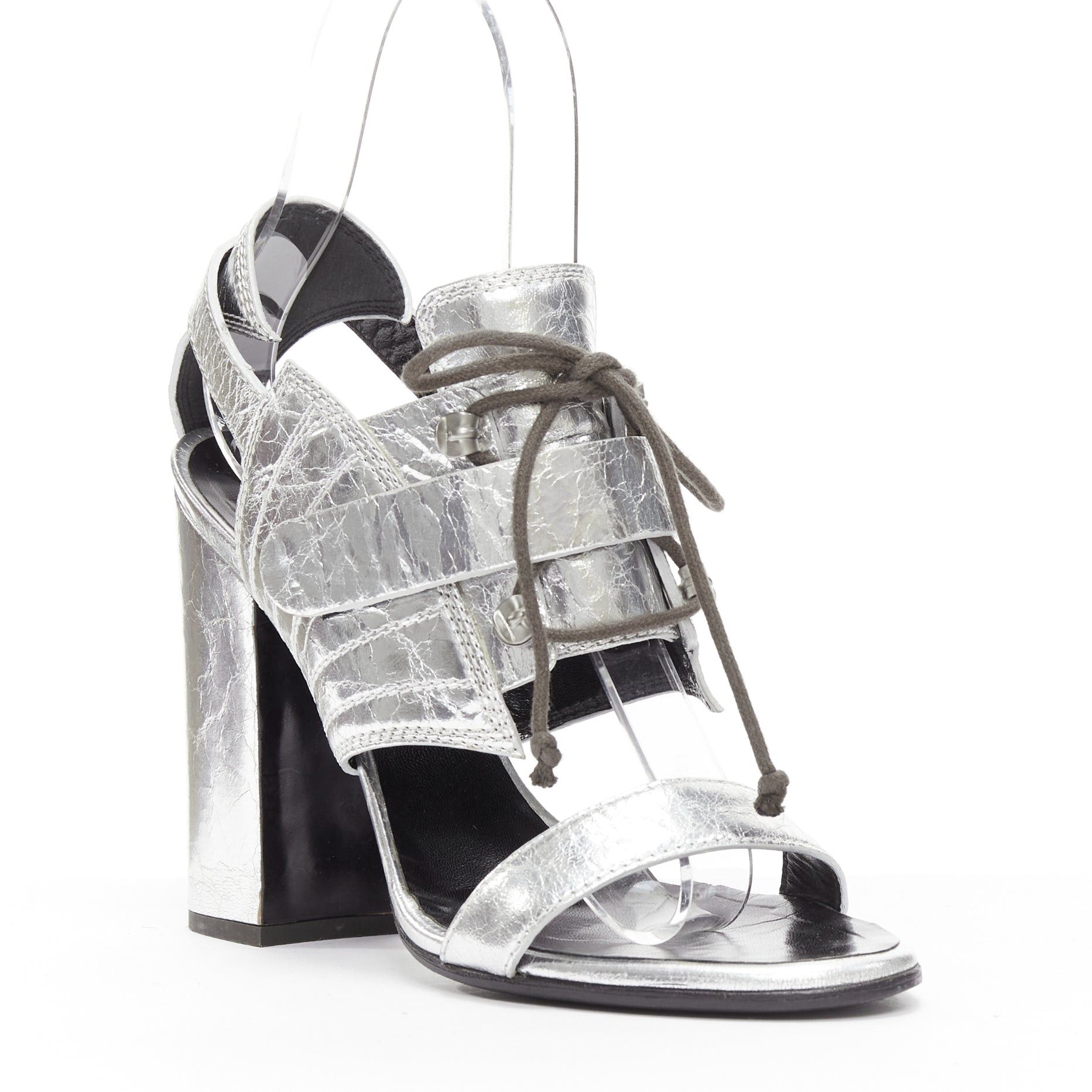 image of Proenza Schouler Proenza Schoulder Crinkled Metallic Silver Leather Laced Block Heel Shoes Sandal E