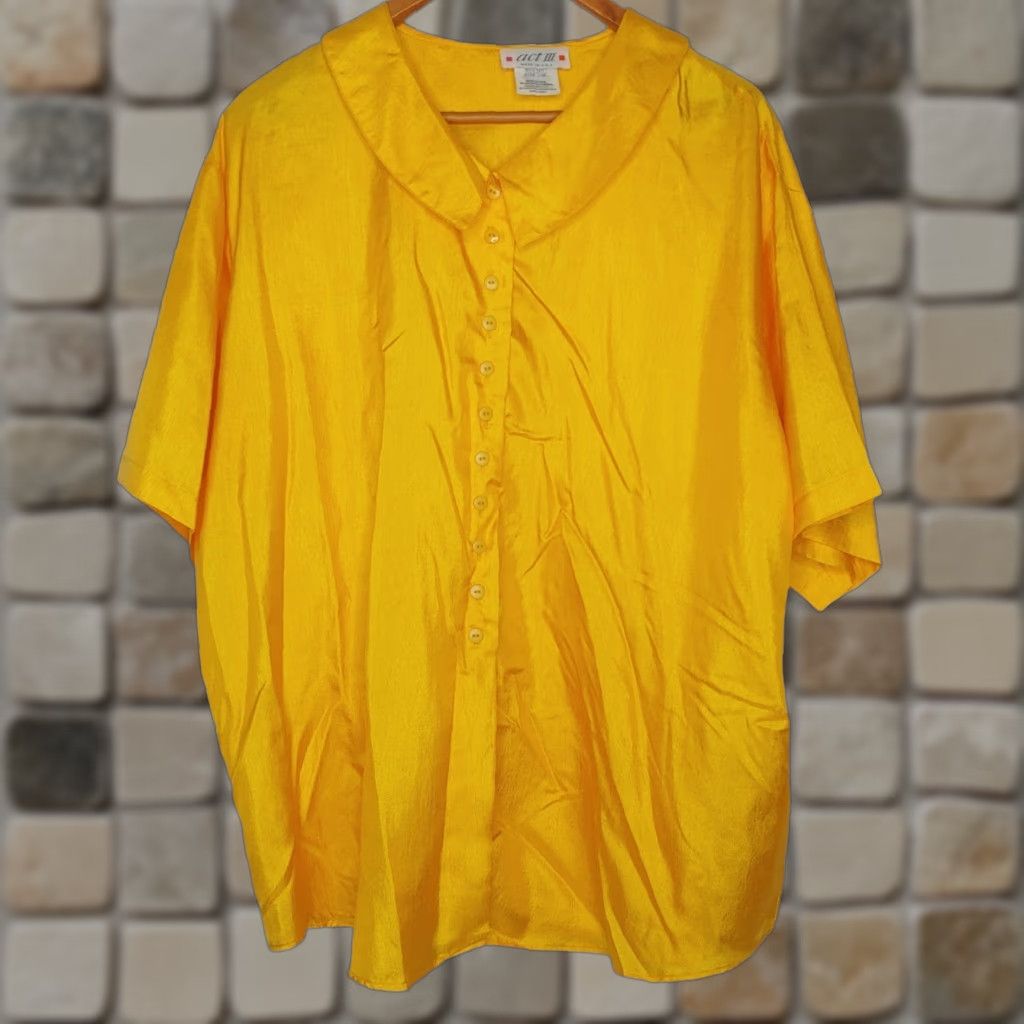 Vintage VINTAGE ACT III Blouse Button-Up Short Sleeve Solid Yellow Shimmer Plus Size 22 Women's Size 3XL / US 20-22 - 1 Thumbnail