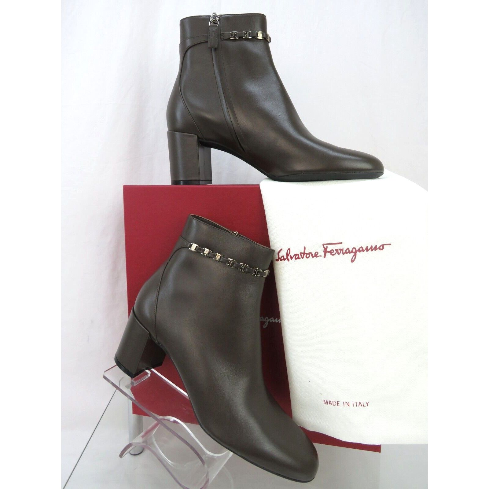 Salvatore Ferragamo NEW GHILA BROWN LEATHER GANCINI CHAIN ZIP ANKLE BOOTS 9.5 C Size US 9.5 / IT 39.5 - 1 Thumbnail