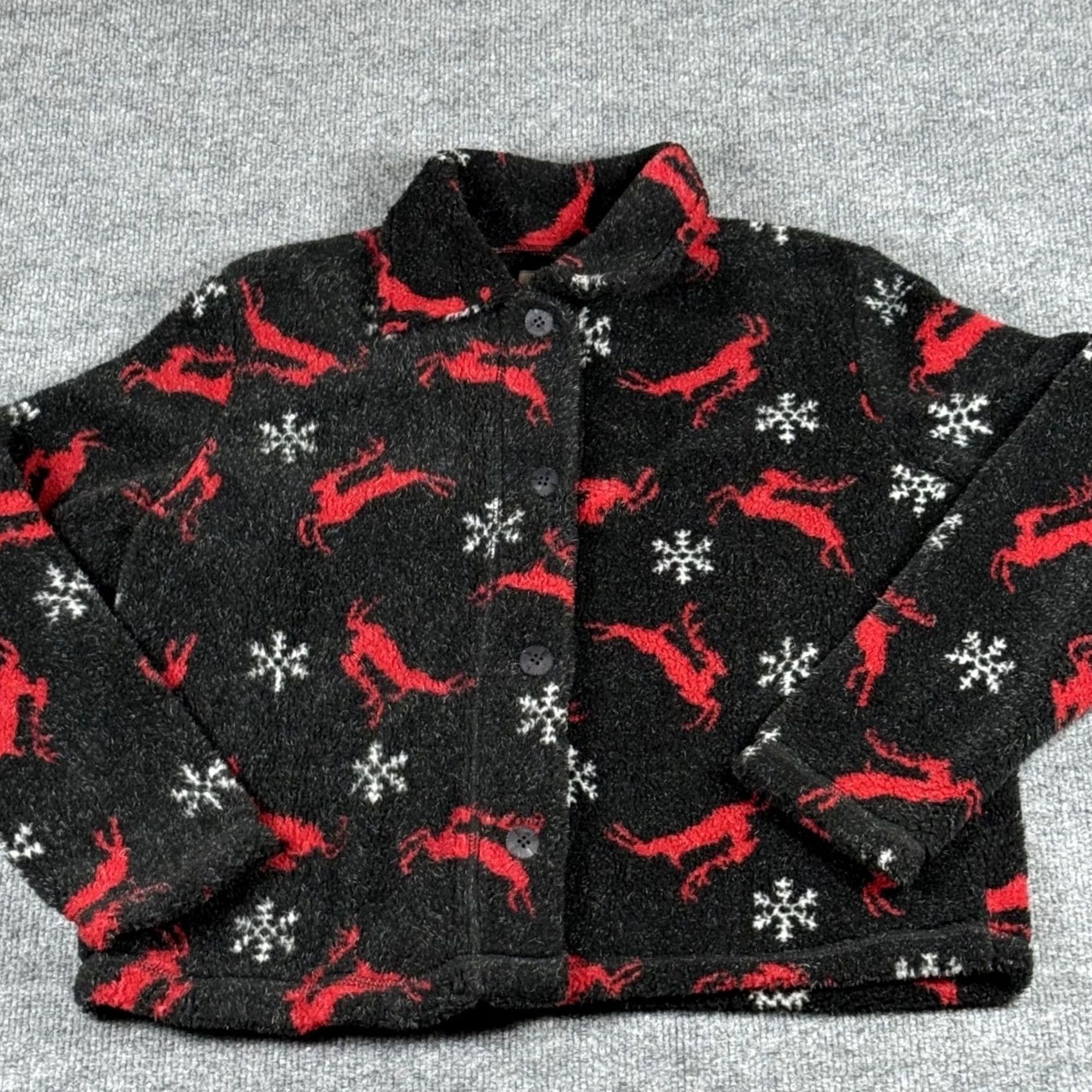 Vintage The Barrage Co. Christmas Fleece Button Jacket Women M Black Reindeer Snowflake Print Pattern Holiday Wear Casual Workwear Size M / US 6-8 / IT 42-44 - 2 Thumbnail