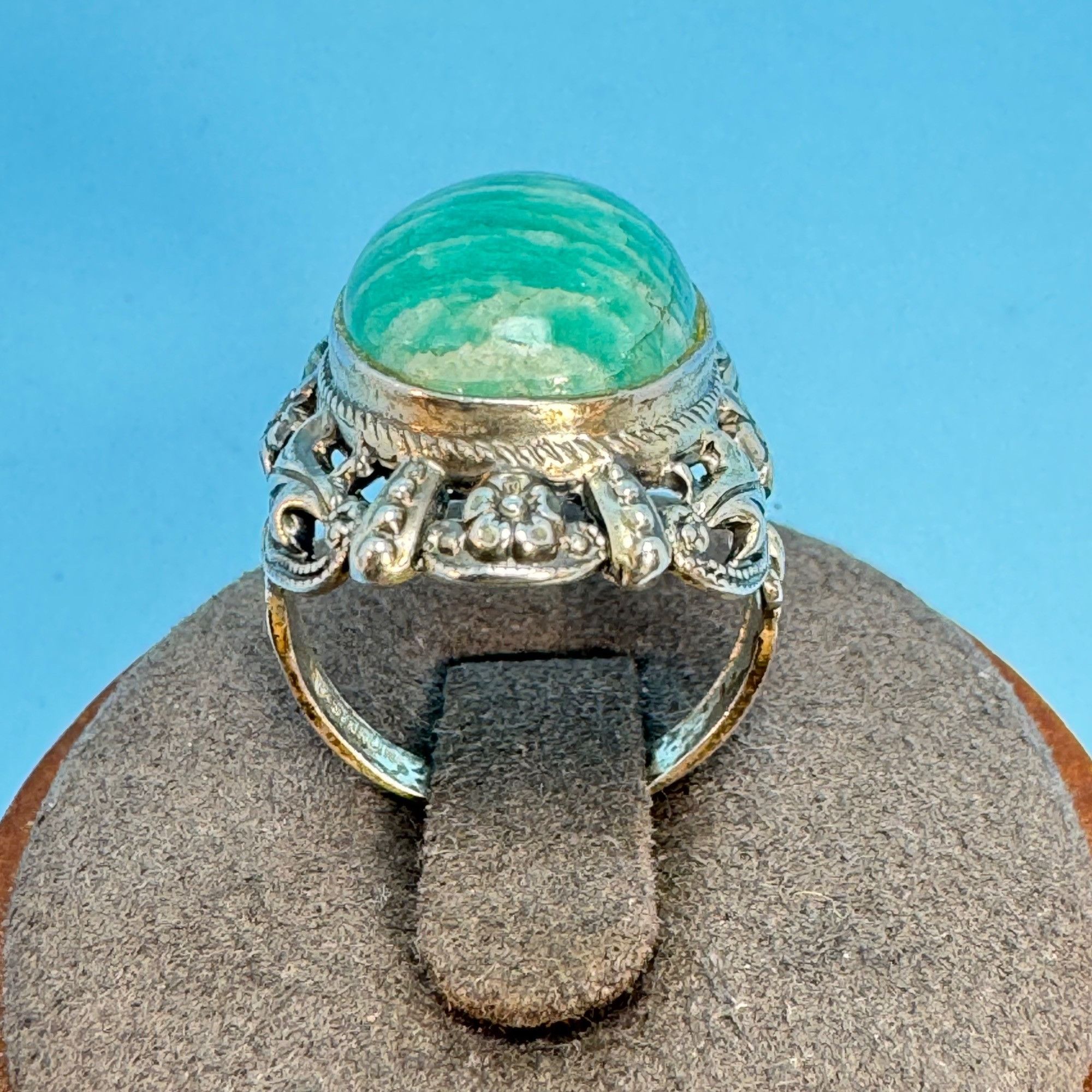 Vintage Sterling Silver 925 Amazonite Bezel Set Floral Border Statem Size ONE SIZE - 3 Thumbnail
