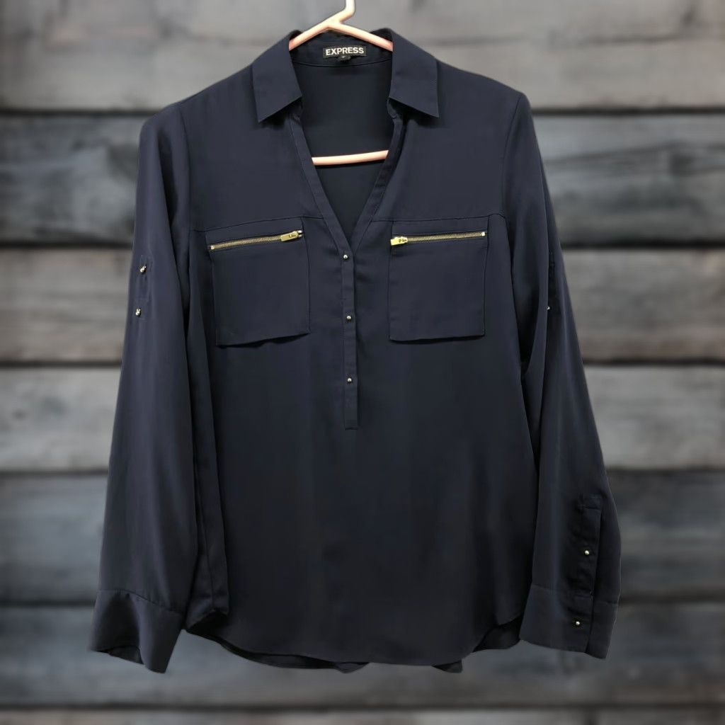 Express Express Blouse Womens S Chiffon Navy Blue Roll Tab Sleeve V-Neck Button Pockets Zip Pocket Workwear Classic Basic 90s? Size S / US 4 / IT 40 - 1 Thumbnail