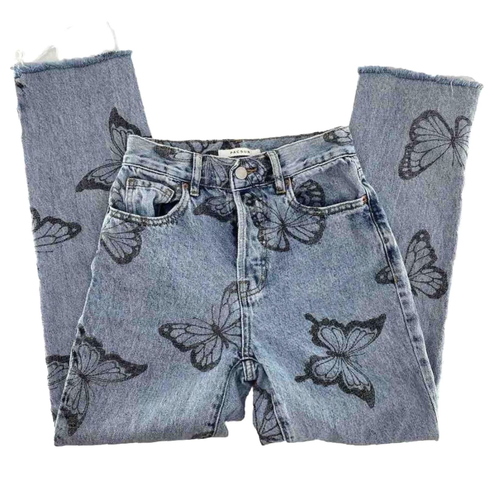 Pacsun PACSUN High Rise Straight Jeans Womens 23 Blue Fray Button Fly Butterfly Print Bohemian Hipster Bat Print 5-Pocket Denim Stone Wash Cool Casual Size 40" / US 18 - 3 Thumbnail