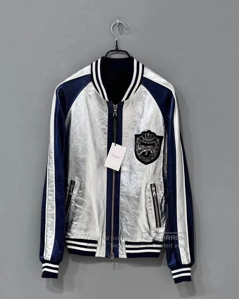 Balmain Silvery Bomber Jacket with Navy Accents. Size US L / EU 52-54 / 3 - 1 Thumbnail