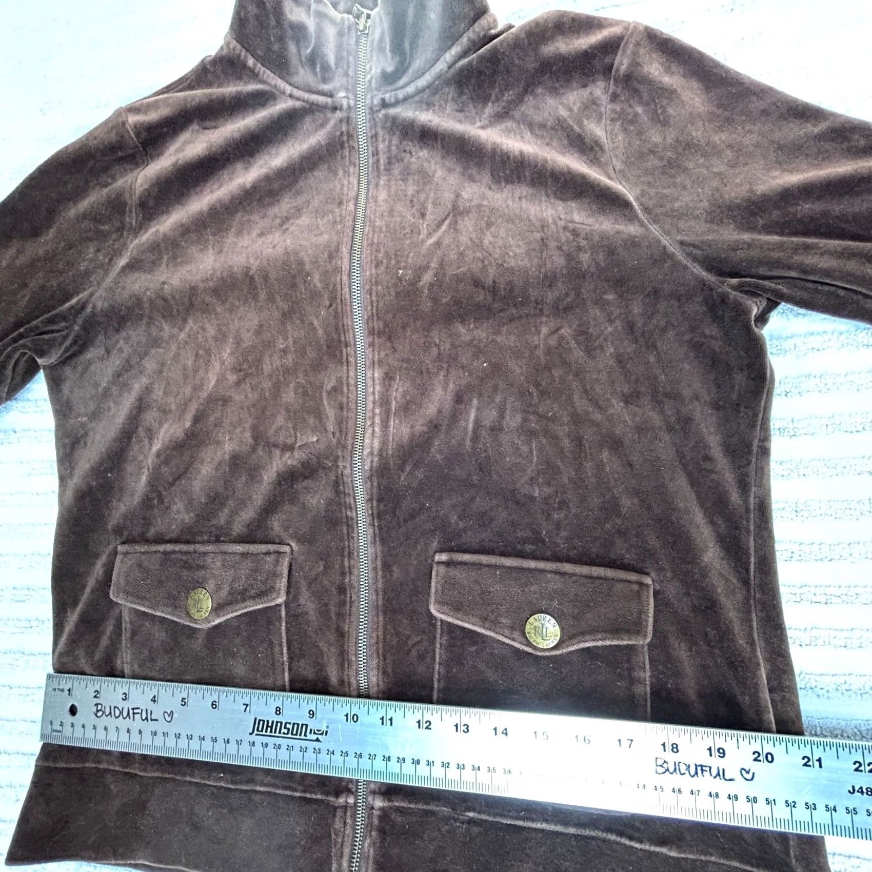 Ralph Lauren Lauren Ralph Lauren Womens Large Brown Velvet Track Jacket Full Zip Mock Neck Size L / US 10 / IT 46 - 6 Thumbnail