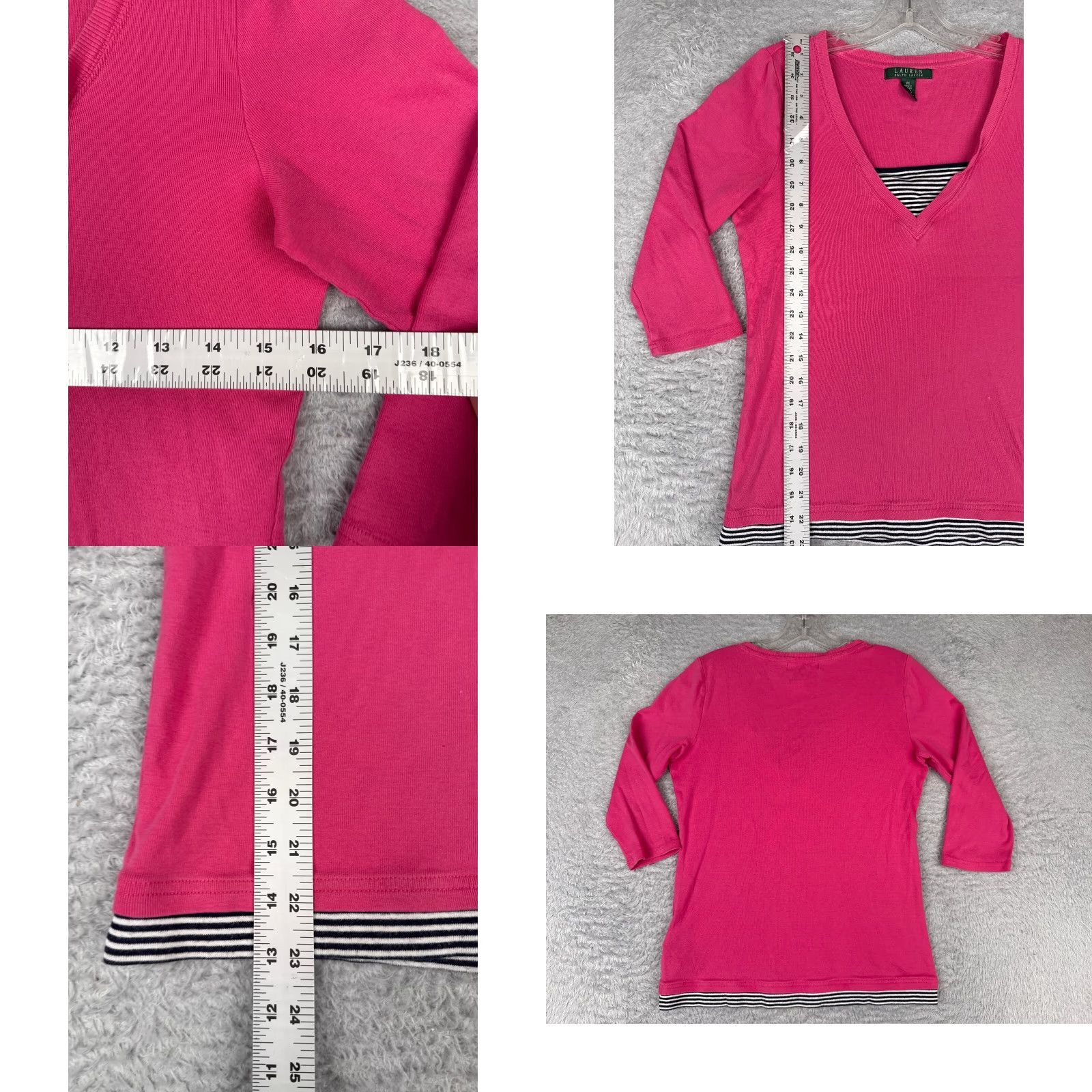 Ralph Lauren VINTAGE Lauren Ralph Lauren Shirt Women M Pink Stripe V-Neck 3/4 Sleeve Cotton City Logo Striped Casual Mens Womens Shirts Size M / US 6-8 / IT 42-44 - 8 Thumbnail