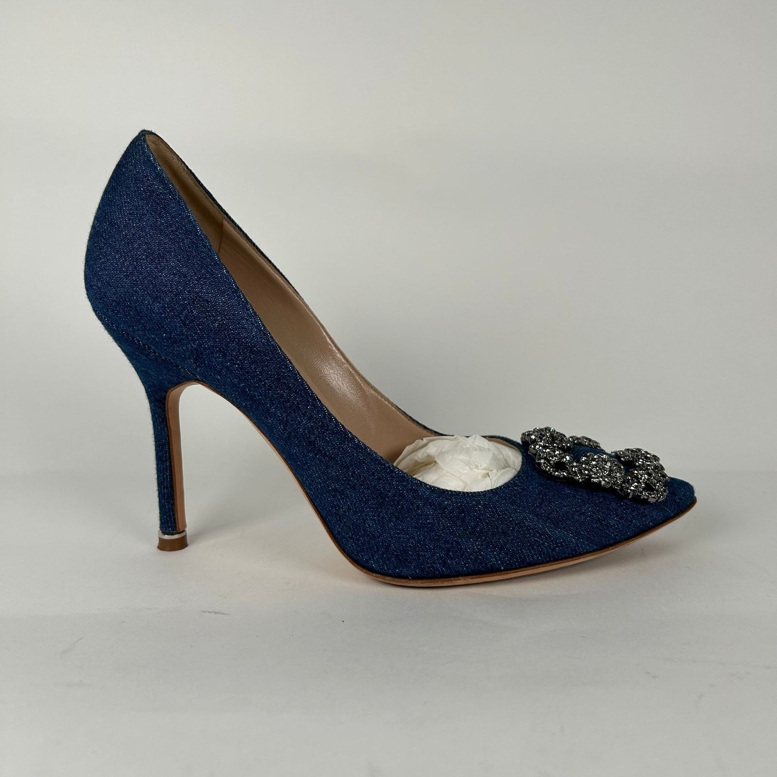 Manolo Blahnik Hangisi Jewel Buckle Denim Pumps Size
