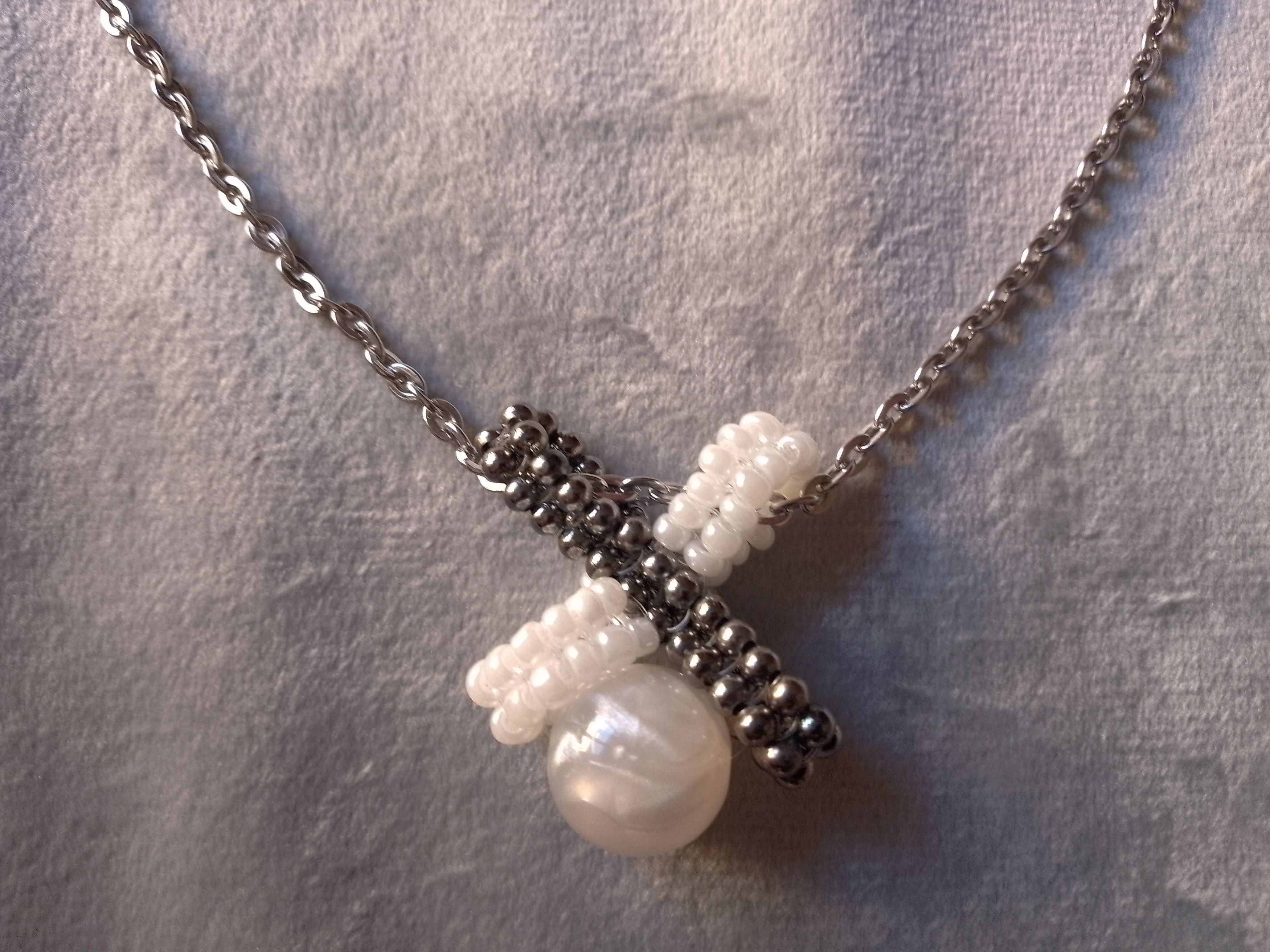 Handmade Necklace Pearl Beaded Cross X Pendant Elegant White Gray Size ONE SIZE - 2 Thumbnail