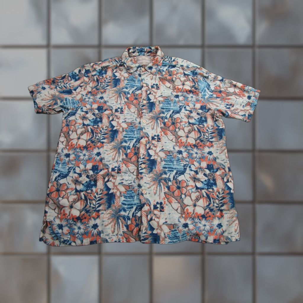 Vintage Margaritaville Shirt Mens Large Blue Orange Silk Linen Hawaiian Floral Camp Size US L / EU 52-54 / 3 - 1 Thumbnail