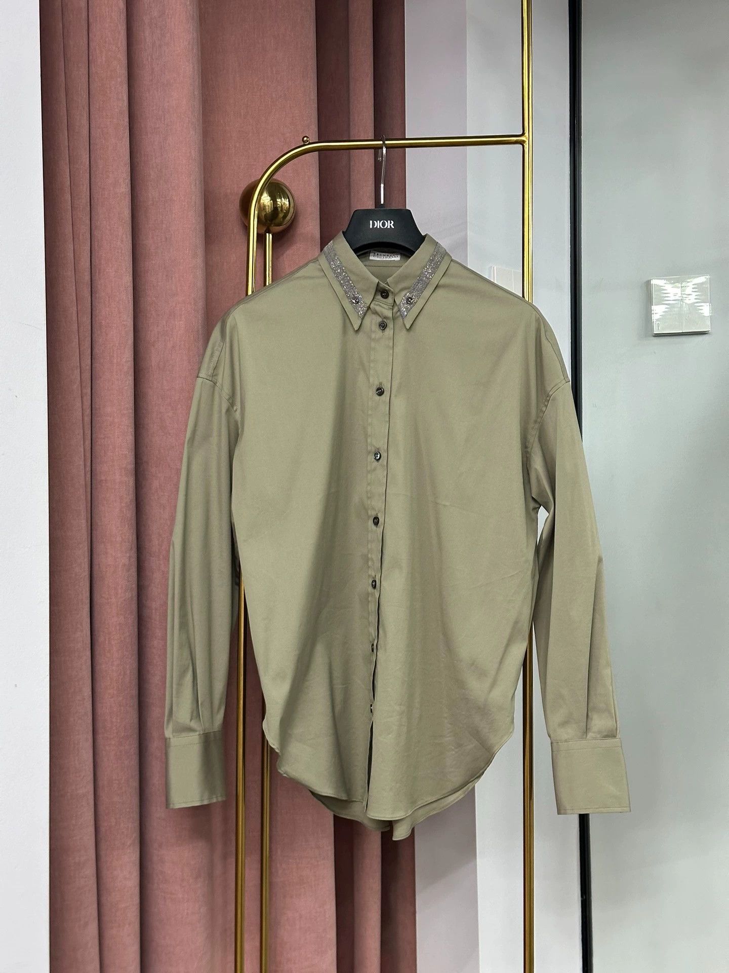 Brunello Cucinelli Brunello Cucinelli Green Beaded Collar Shirt Size US XS / EU 42 / 0 - 1 Thumbnail