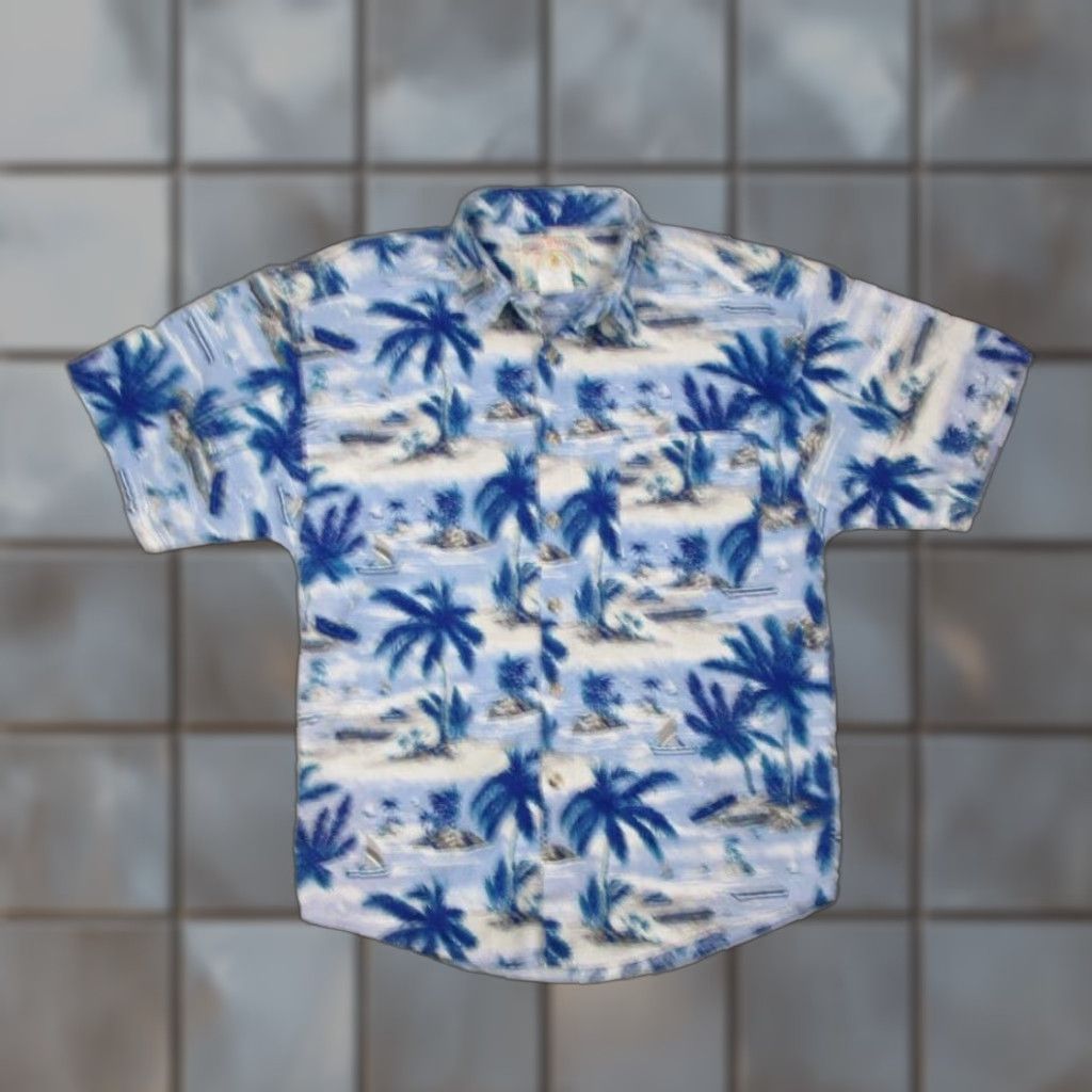 Paradise Vintage Paradise of The Pacific Men's Blue Short Sleeve Button-Up Shirt – Geometric Tropical Boat Design, Made in USA, Size M Size US M / EU 48-50 / 2 - 1 Thumbnail