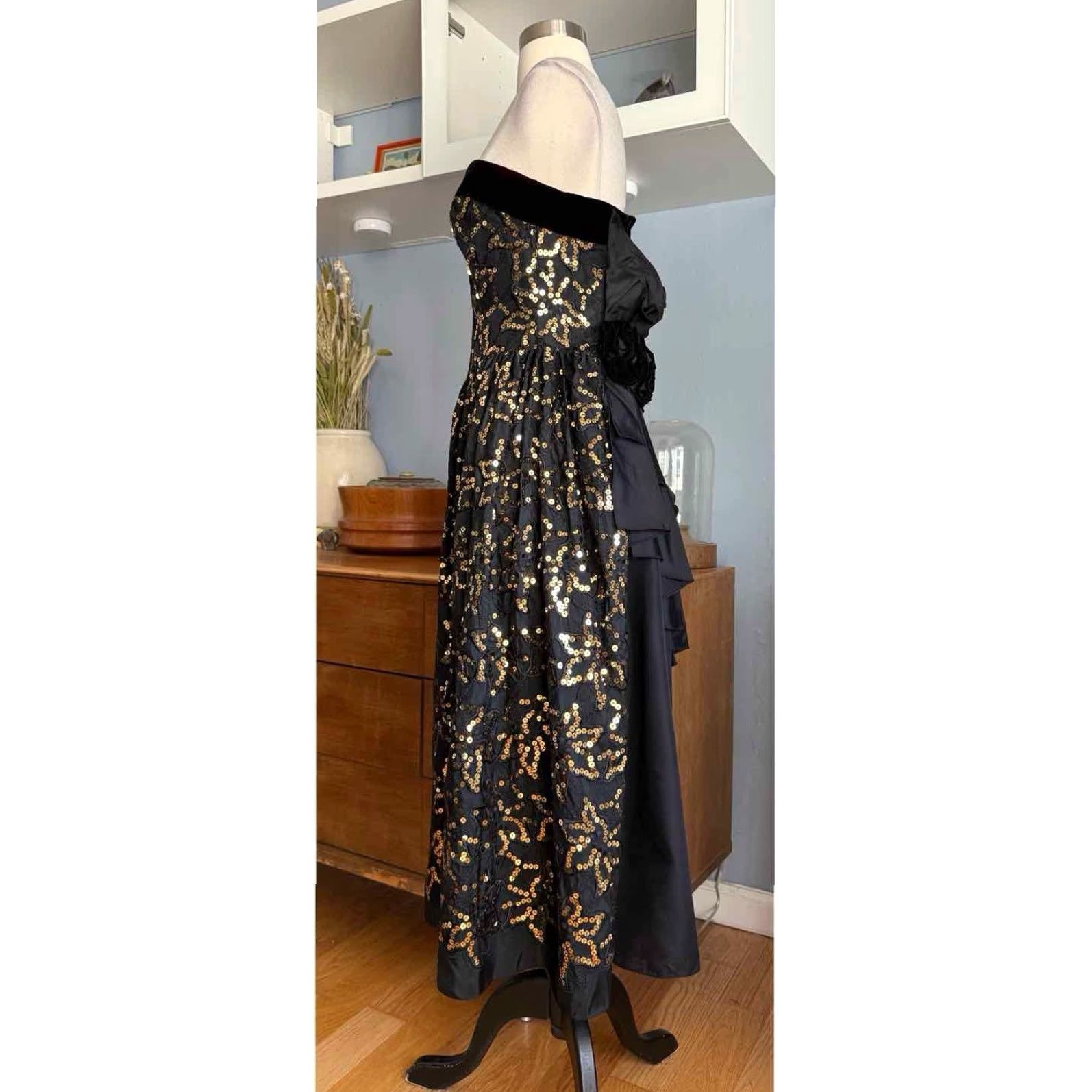Jessica McClintock VINTAGE Jessica McClintock Black w/ Gold Sequins Strapless Long Dress Sz S Ball Gown 1980s Formal Womens Size XS / US 0-2 / IT 36-38 - 7 Thumbnail