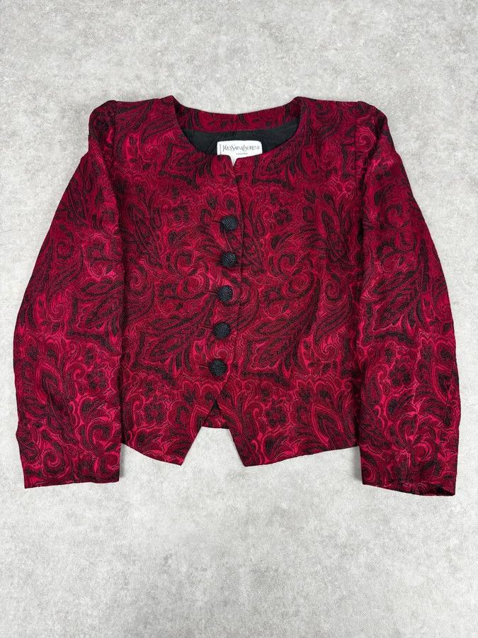 Yves Saint Laurent 1990s Yves Saint Laurent Bordeaux Flowers Cardigan Buttoned Jacket Size S / US 4 / IT 40 - 1 Thumbnail