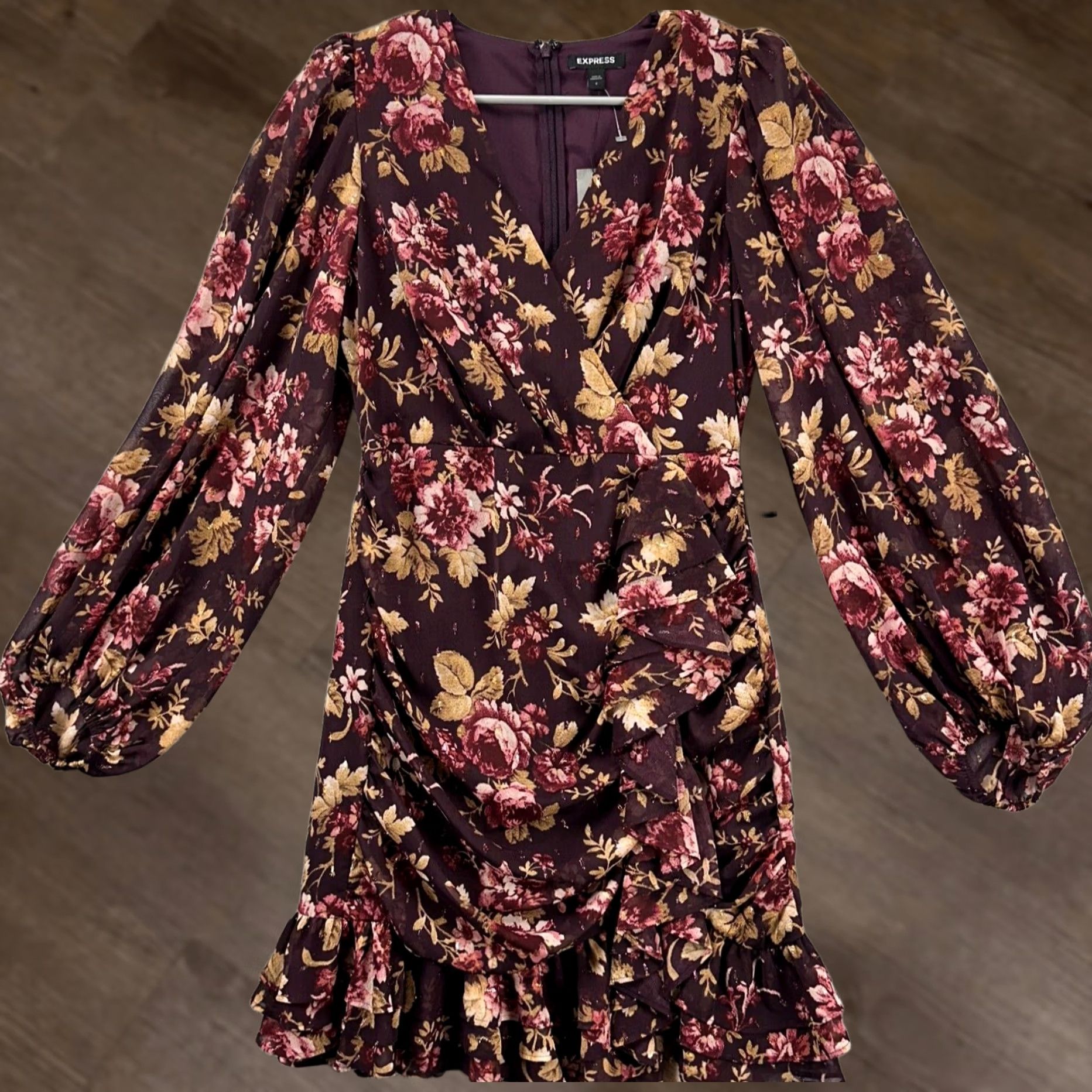 Express Express Dress Women Small Maroon Floral Ruched Wrap Ruffle Mini Fairy NEW Dress Size S / US 4 / IT 40 - 1 Thumbnail