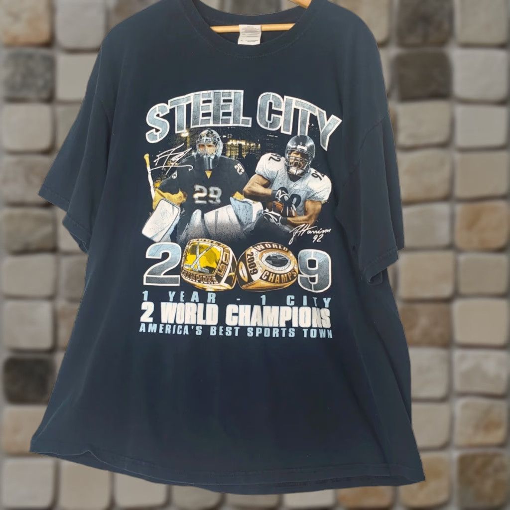 Gildan VINTAGE Steel City Pittsburgh 2009 2 World Champs Shirt XL Penguins Steelers Black Size US XL / EU 56 / 4 - 1 Thumbnail