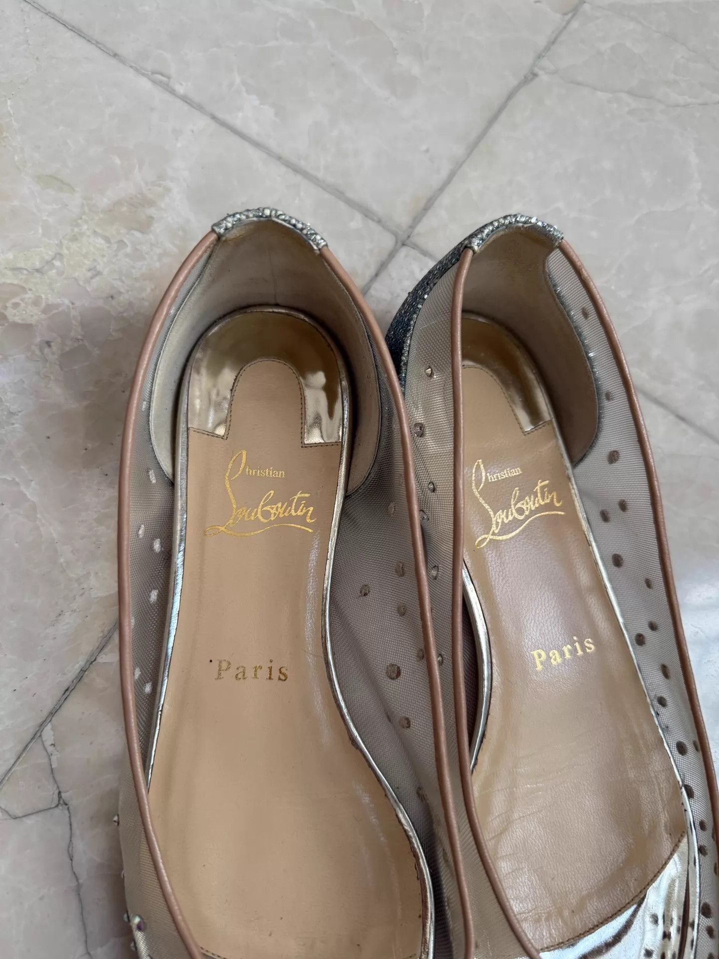 Christian Louboutin CL Wmns Nude Pointed Toe Tulle Crystal Flats 38 (Worn 1-2x) Size US 7.5 / IT 37.5 - 3 Thumbnail