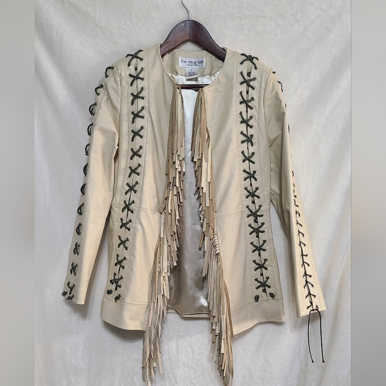 image of Vintage Lew Magram Leather Fringe Jacket Size S in Cream, Women's