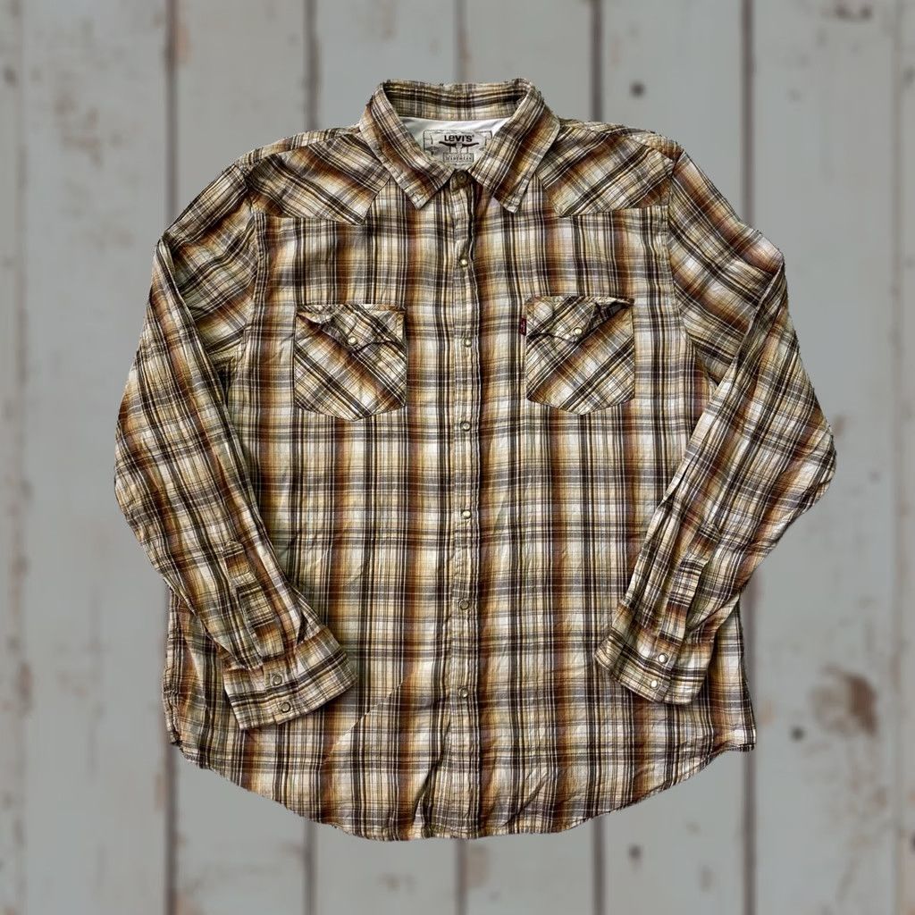 Levi's VINTAGE Levi's Shirt Western Pearl Snap Plaid Tan Brown Rockabilly 2XL Man Regular Shirt Size US XXL / EU 58 / 5 - 1 Thumbnail
