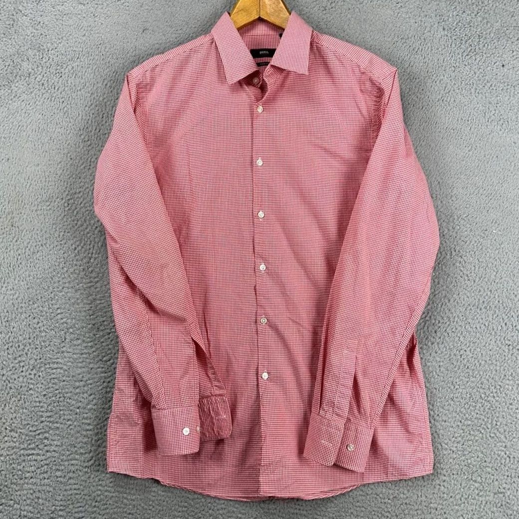 Hugo Boss HUGO BOSS Dress Shirt Mens 16 Red White Pin Check Sharp Fit Button Up Size 42R - 4 Thumbnail