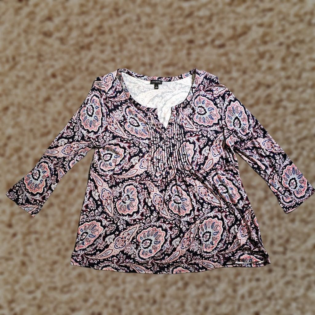 Talbots Talbots Top Women Large Black Red Paisley 3/4 Sleeve V-Neck Pleats Casual Career Shirt Size L / US 10 / IT 46 - 1 Thumbnail
