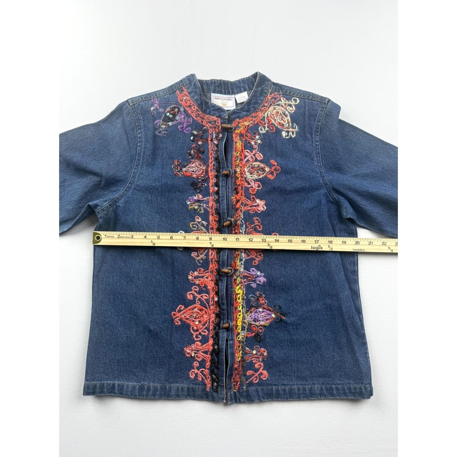 Vintage IKON CLOTHING Jacket Womens Large Blue Denim Embroidered Sequin Floral Boho Size L / US 10 / IT 46 - 5 Thumbnail