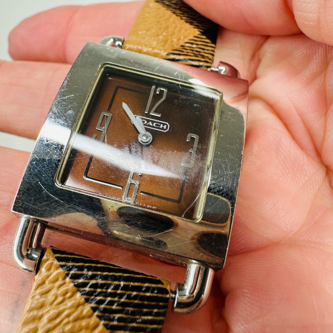 Coach Coach Silver Square Bronze Face Watch Tan Plaid Watchband Size ONE SIZE - 6 Thumbnail