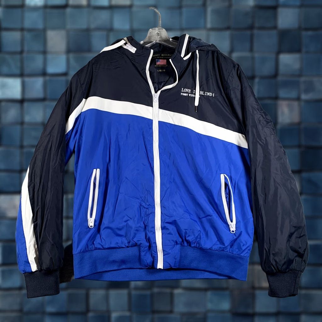 Vintage Tommy Wiseau Jacket Mens Large Blue Striped Hooded Windbreaker Love Is Blind Size US L / EU 52-54 / 3 - 1 Thumbnail